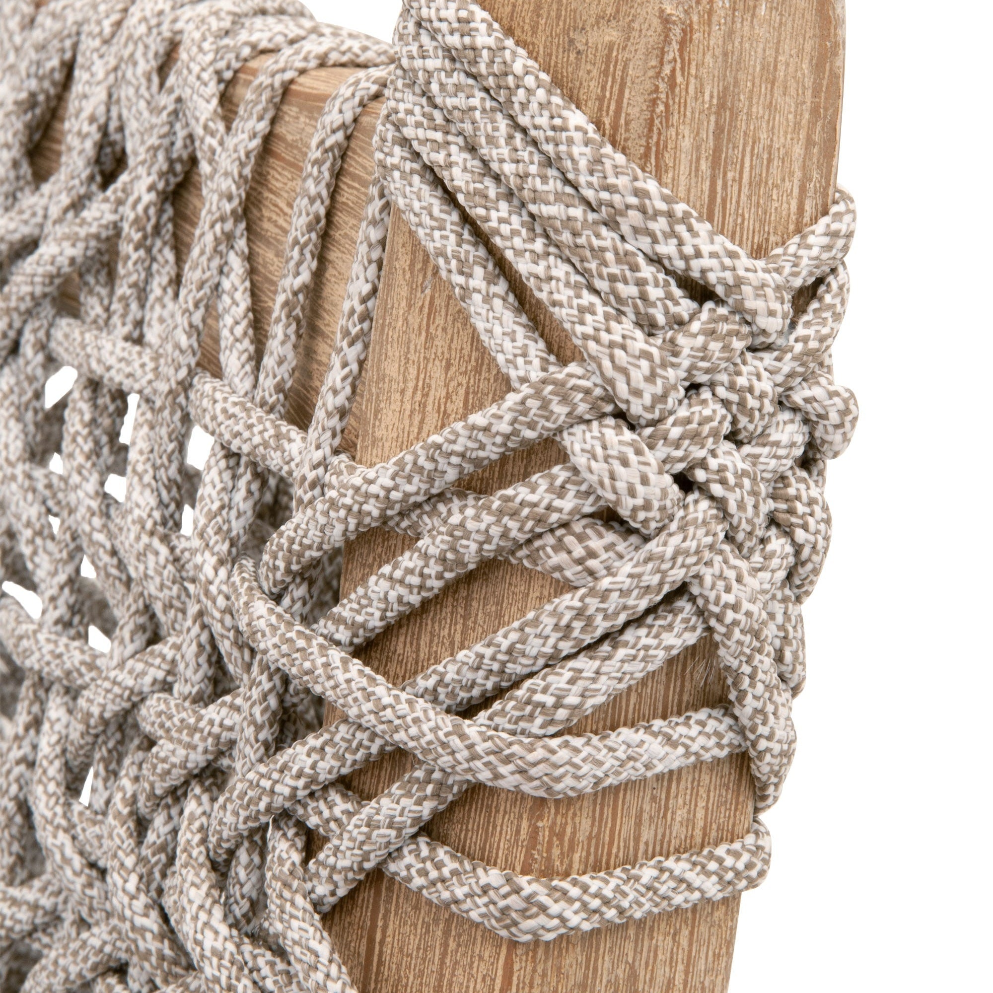 Close-up of woven white and taupe polypropylene rope detail on distressed gray mahogany wood frame chair leg