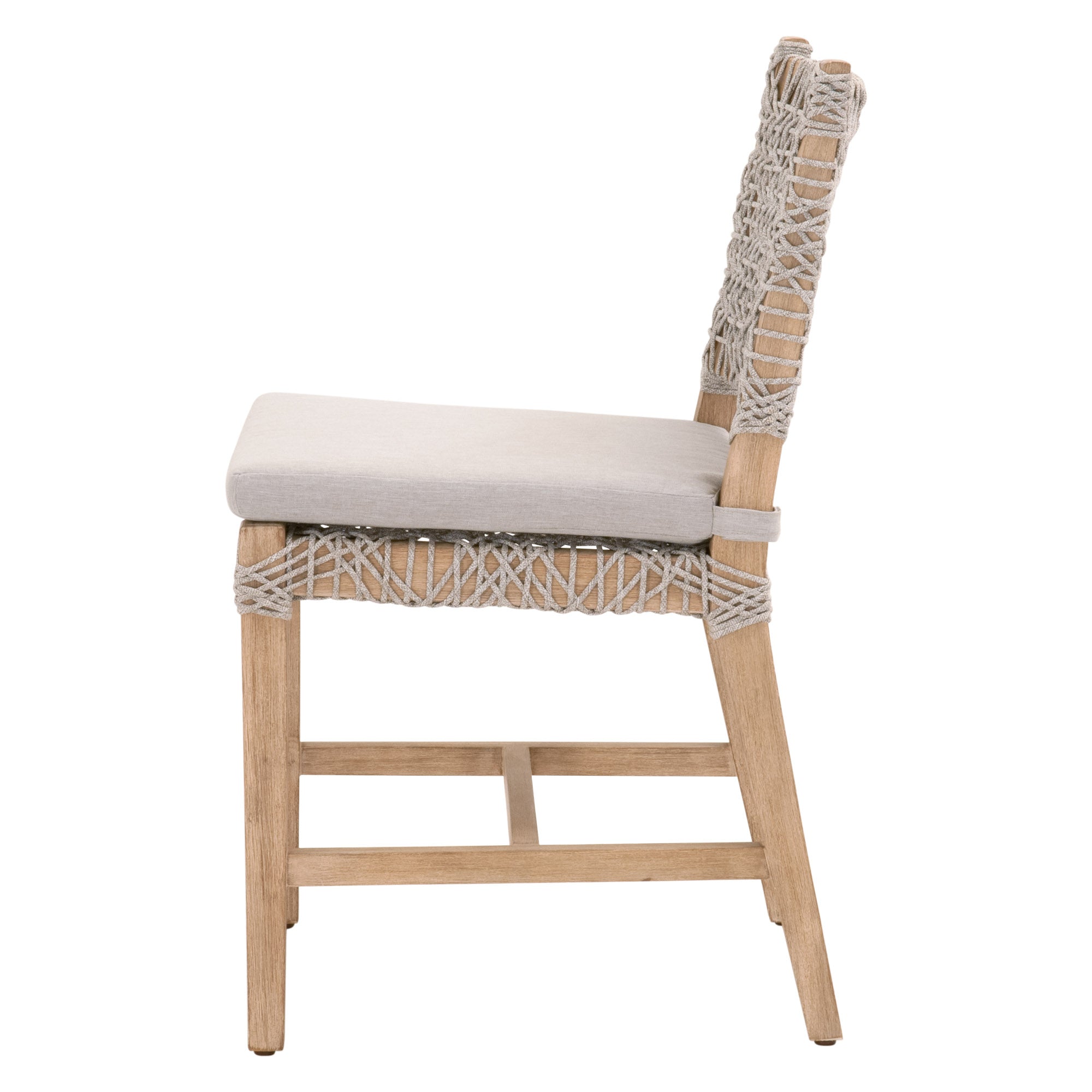 Side view of Essentials for Living Costa Dining Chair with woven white and taupe rope and removable pumice cushion