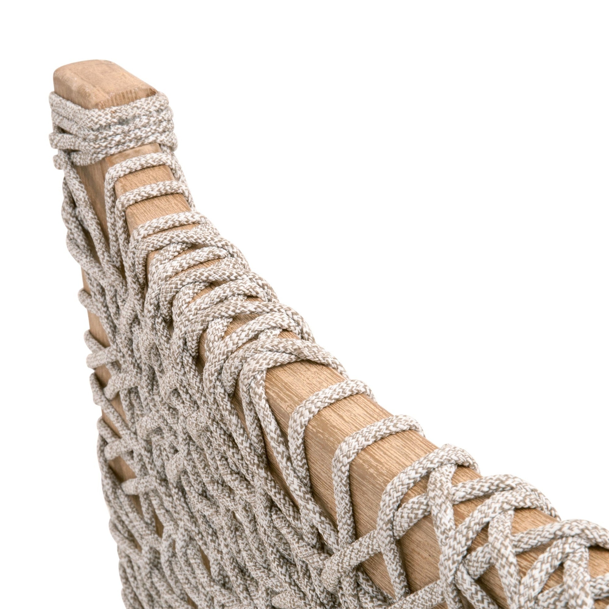 Close-up of Essentials For Living Costa Dining Chair featuring woven taupe polypropylene rope and solid wood frame detail