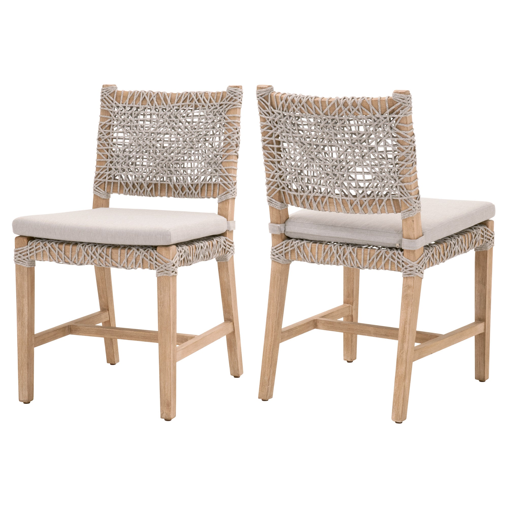 Set of two coastal style dining chairs with woven taupe and white polypropylene seating and wooden legs by Essentials For Living