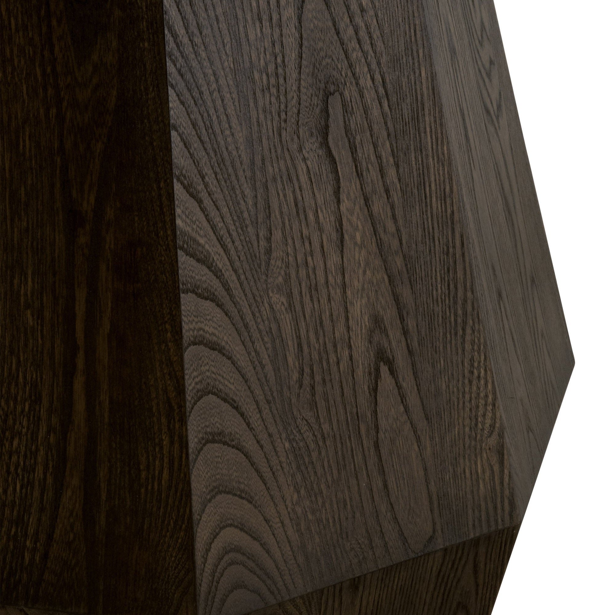 Close-up of natural gray ash wood grain on tapered octagon-shaped pedestal base of round dining table