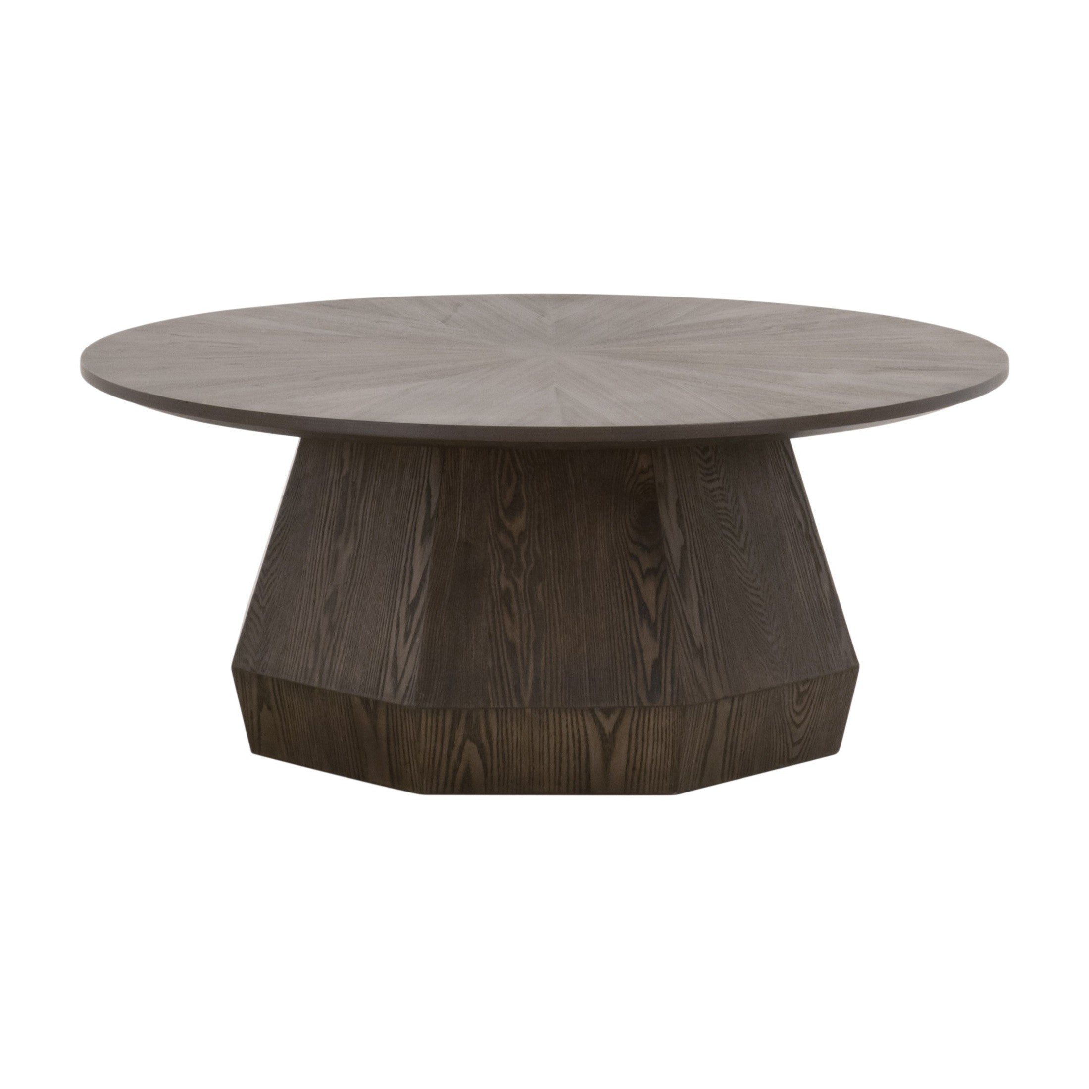 Essentials for Living Coulter Coffee Table with round starburst ash veneer top and octagon pedestal base in burnished brown finish