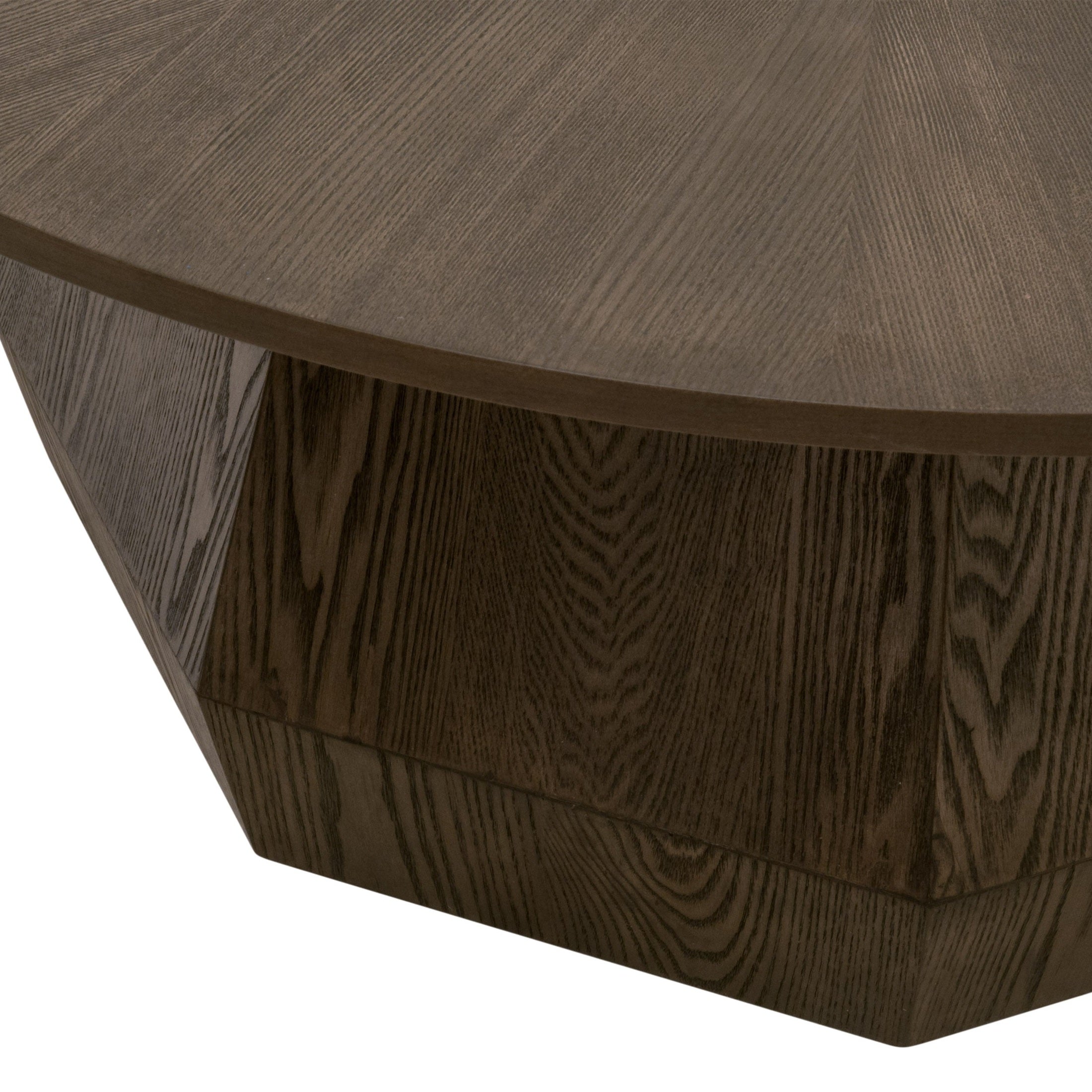 Close-up of the burnished brown ash veneer Coulter Coffee Table with starburst pattern and octagon pedestal base