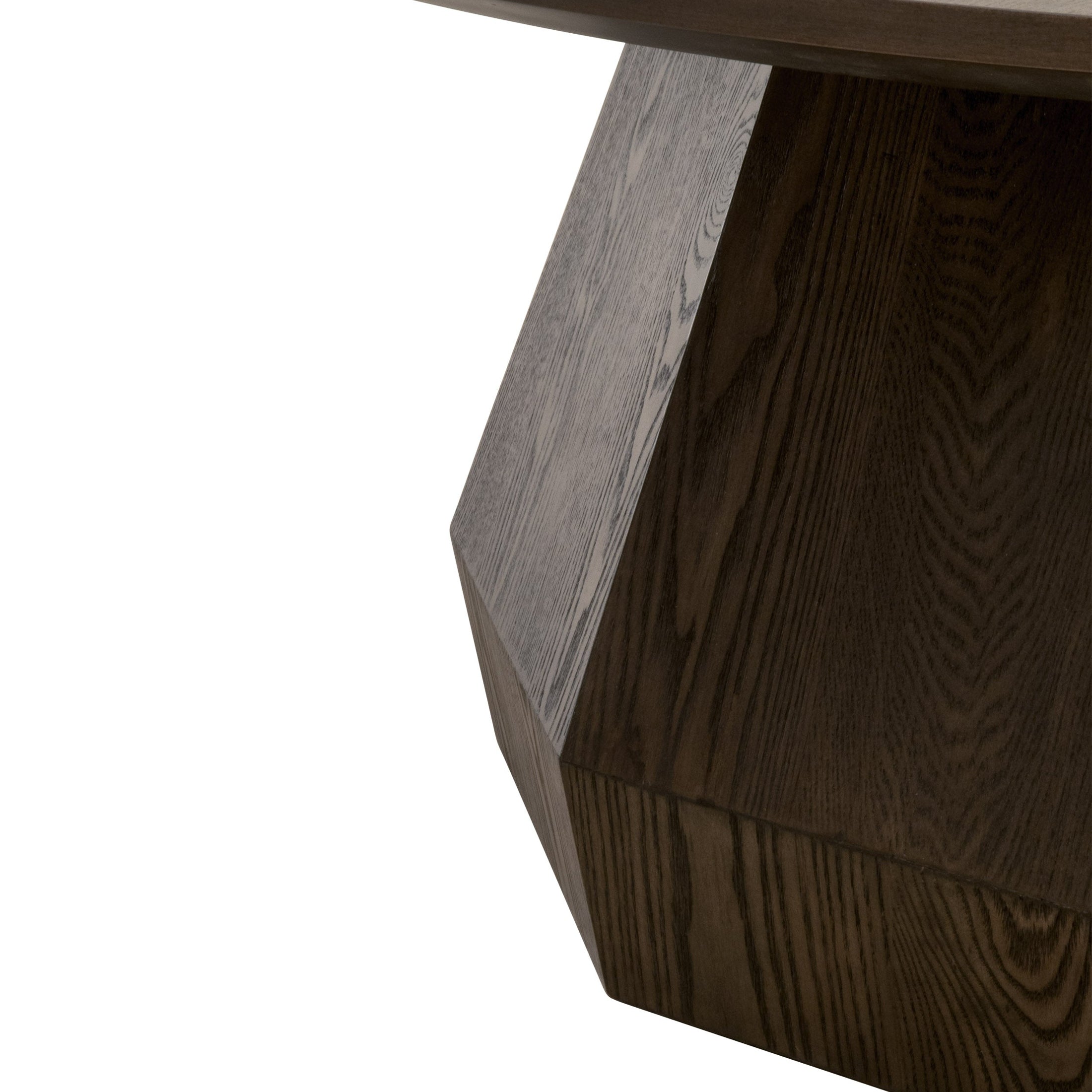 Close-up of the octagon-shaped pedestal base with burnished brown ash veneer on Essentials for Living Coulter Coffee Table