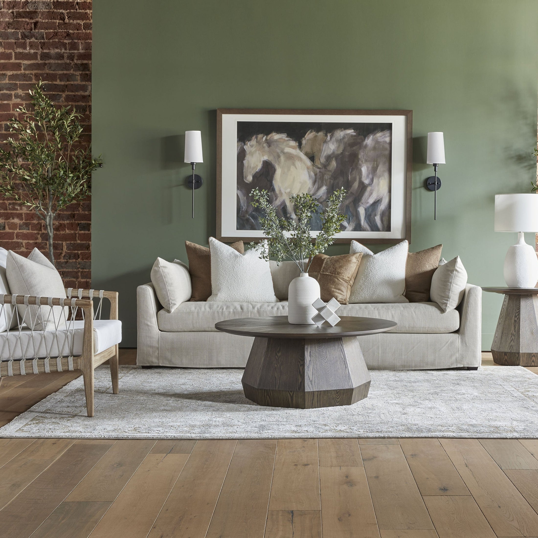 Essentials for Living Coulter Coffee Table with starburst pattern and octagon pedestal in elegant living room setting