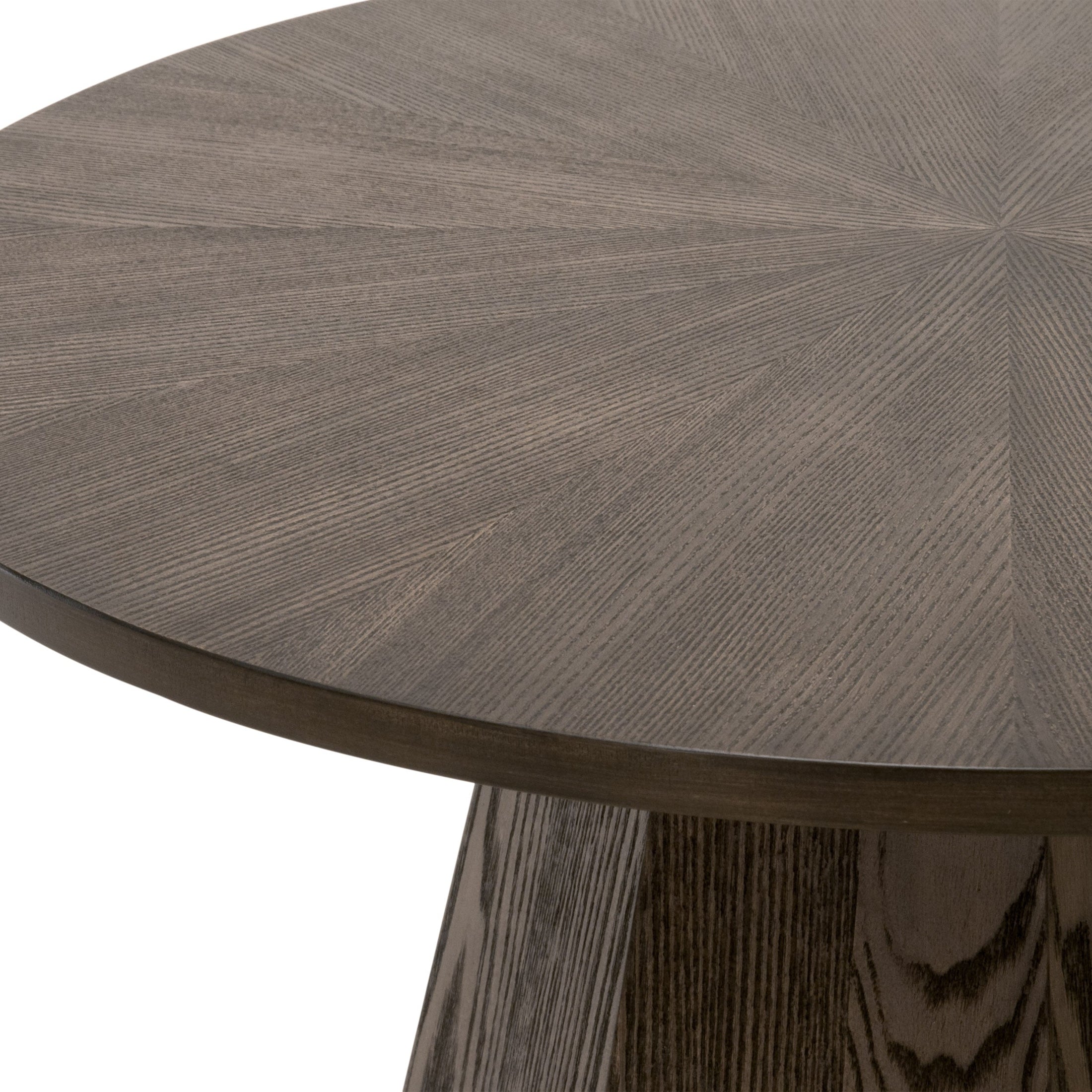 Close-up of burnished brown ash veneer starburst pattern top and octagon pedestal base on Coulter End Table by Essentials for Living