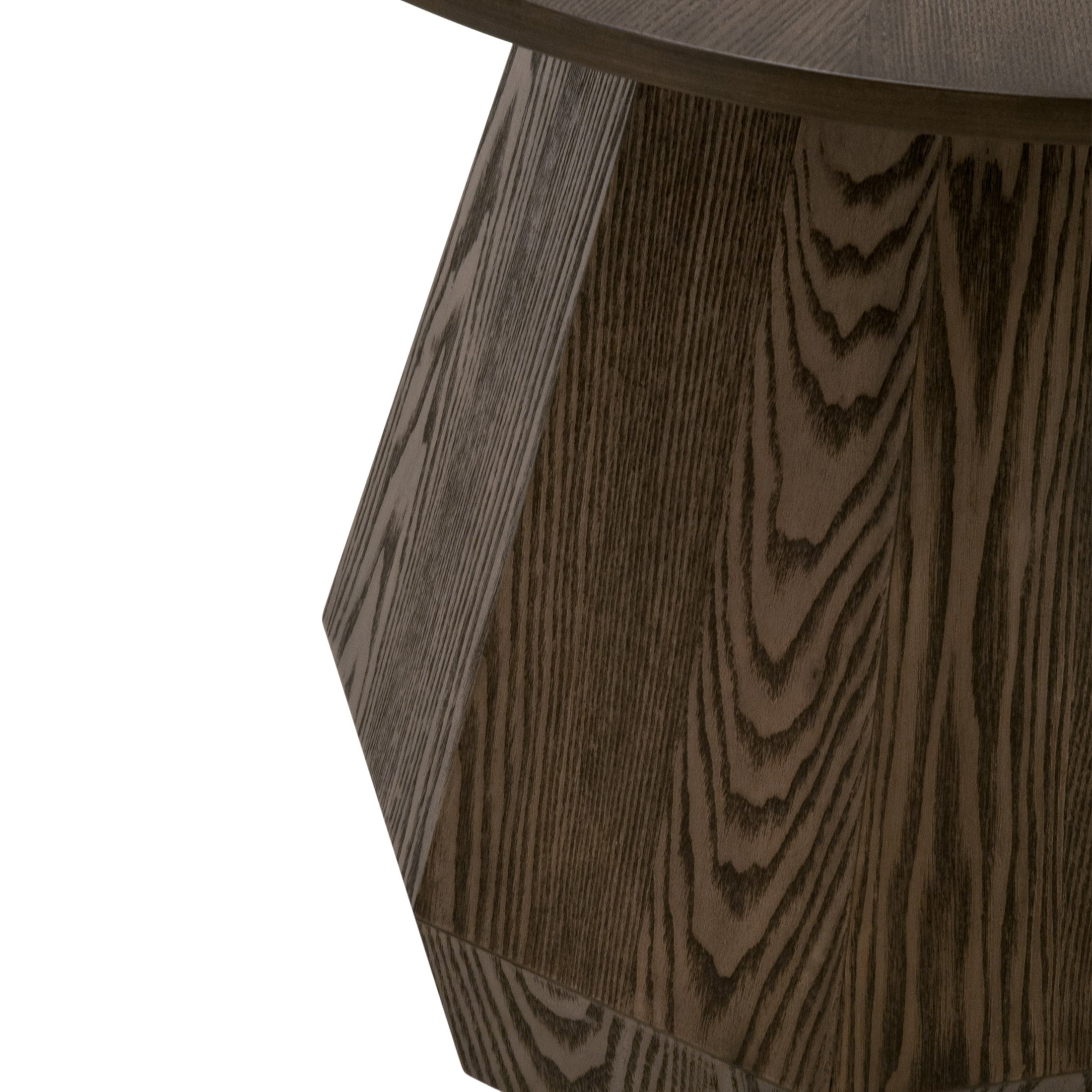 Close-up of the octagon-shaped pedestal base of the Coulter End Table with burnished brown ash veneer finish.