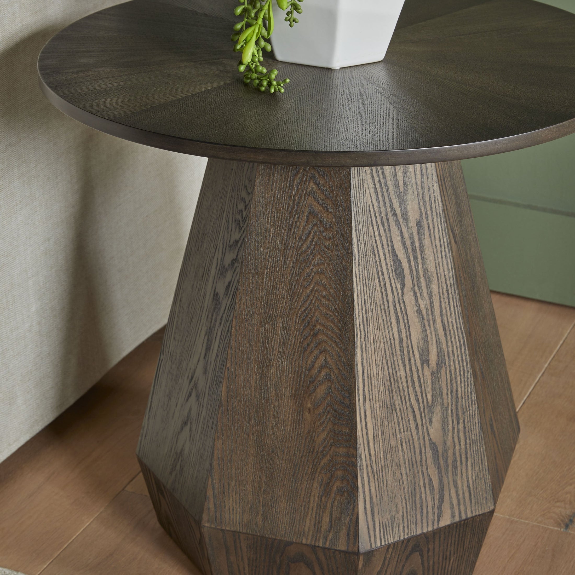 Burnished brown ash veneer Coulter End Table with starburst top and octagon pedestal base by Essentials For Living
