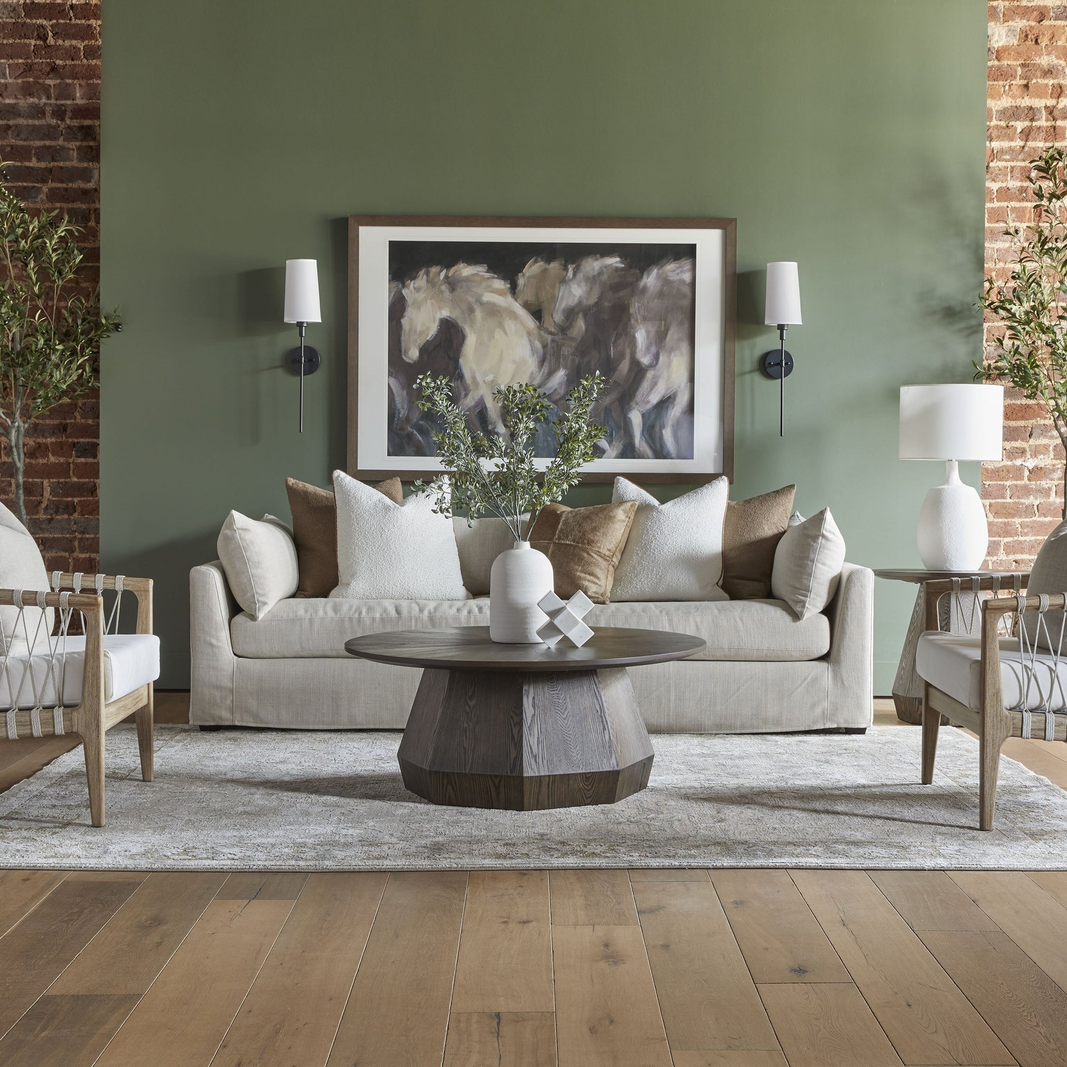 Essentials for Living Coulter End Table with octagon pedestal base and starburst veneer top in elegant living room setting