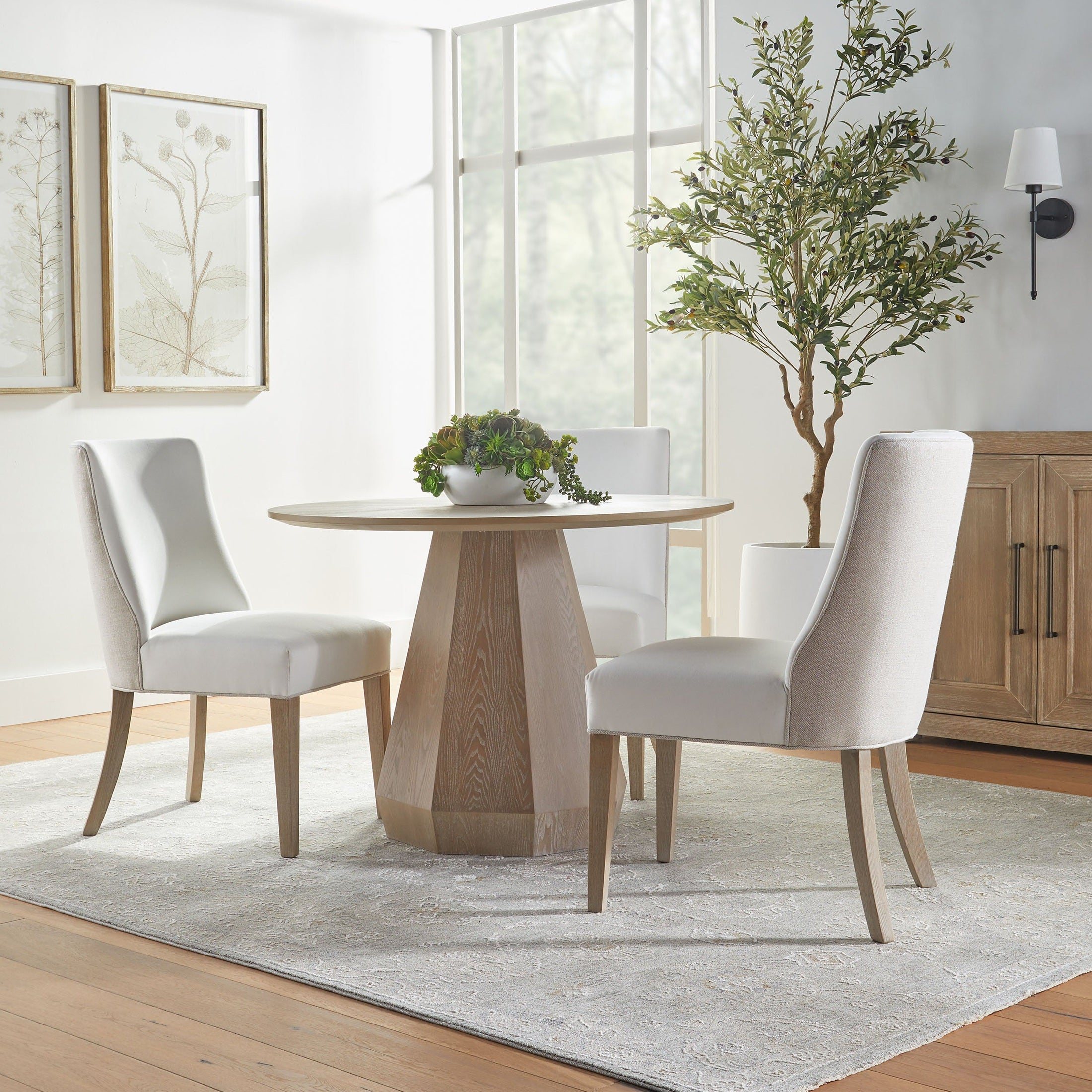 Essentials For Living Coulter 42 inch round dining table in natural gray ash wood with octagon pedestal base and starburst tabletop