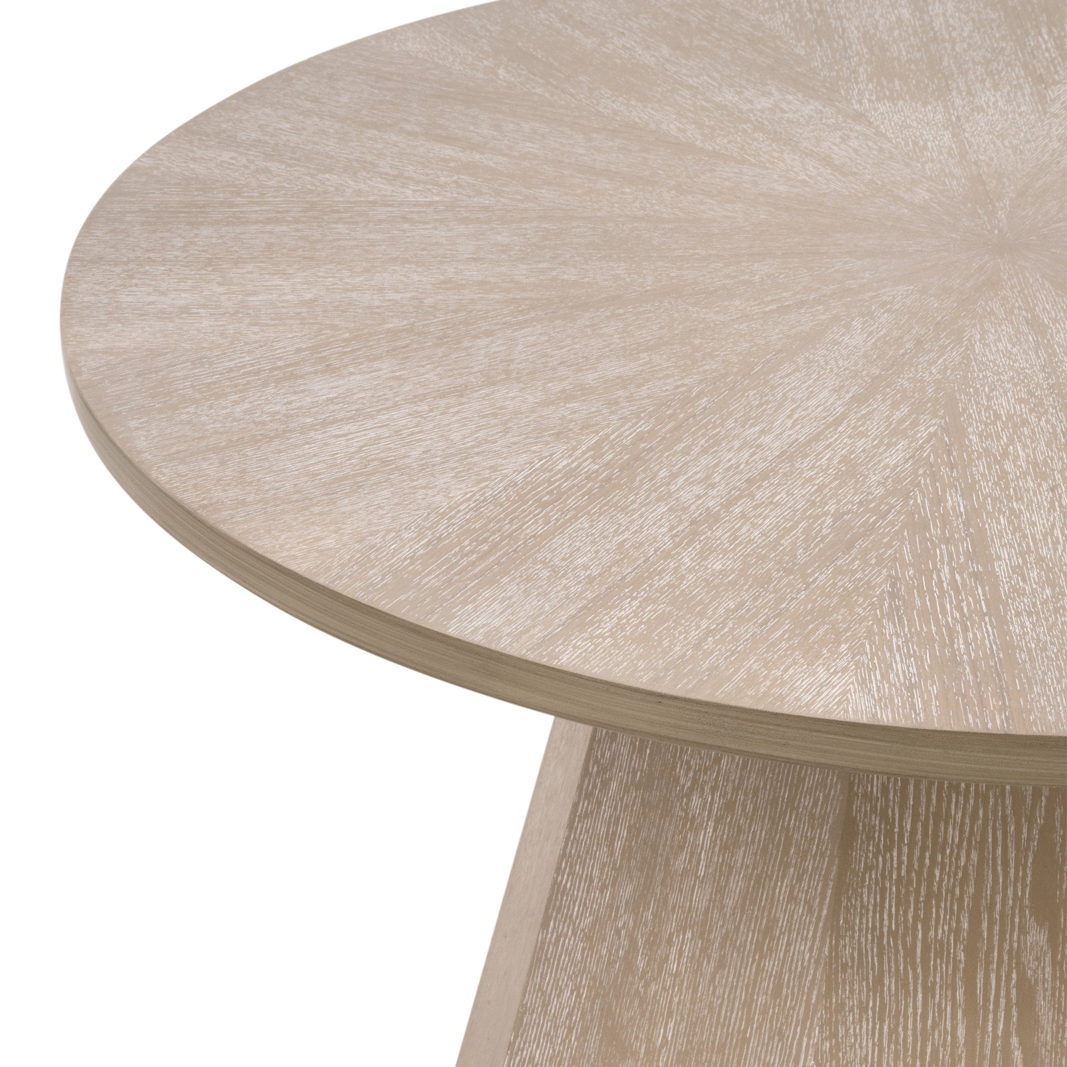 Close-up of Coulter End Table’s starburst pattern veneer top with burnished brown ash and angled edge detail