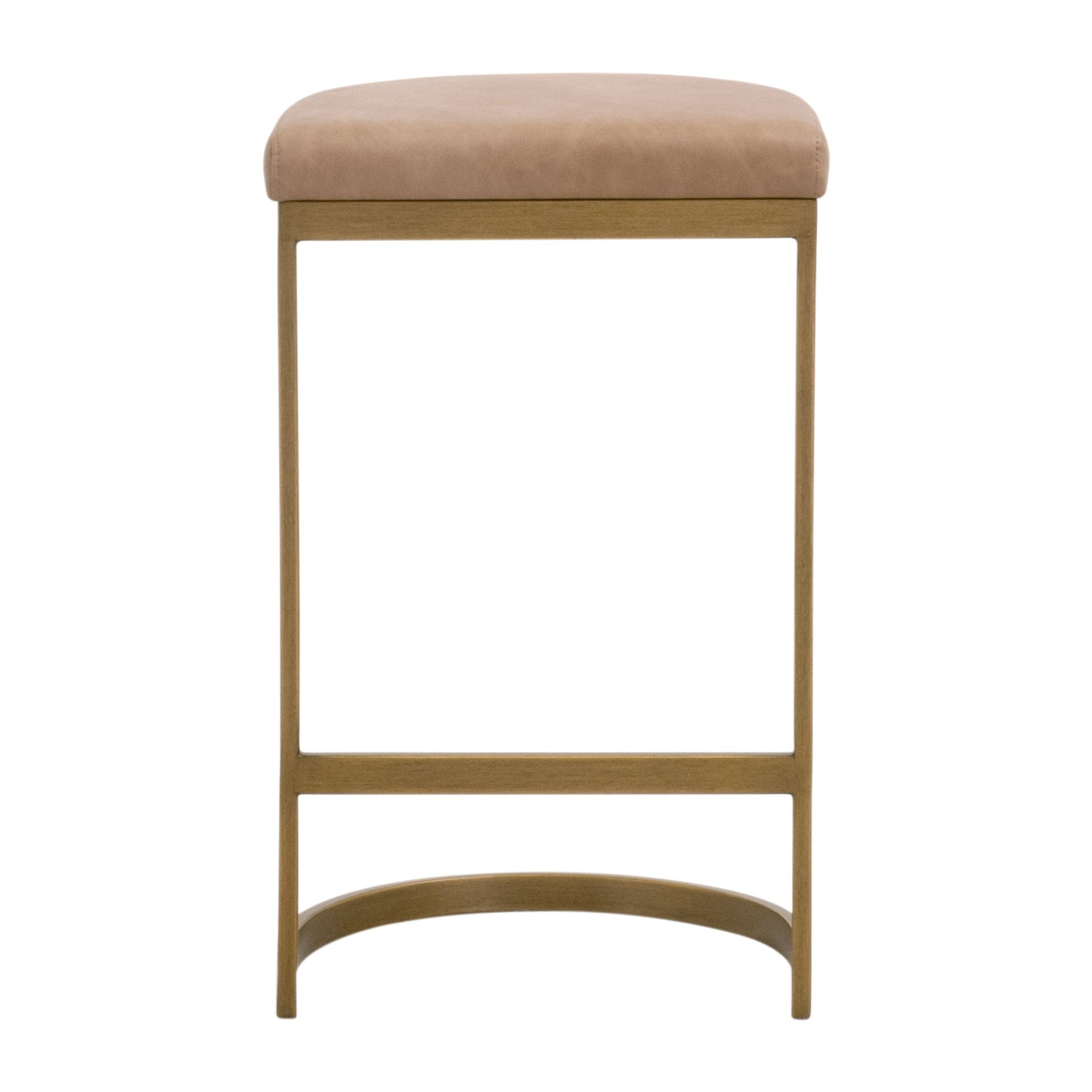 Backless counter stool with tan cushioned seat and wooden frame featuring a curved footrest for added support