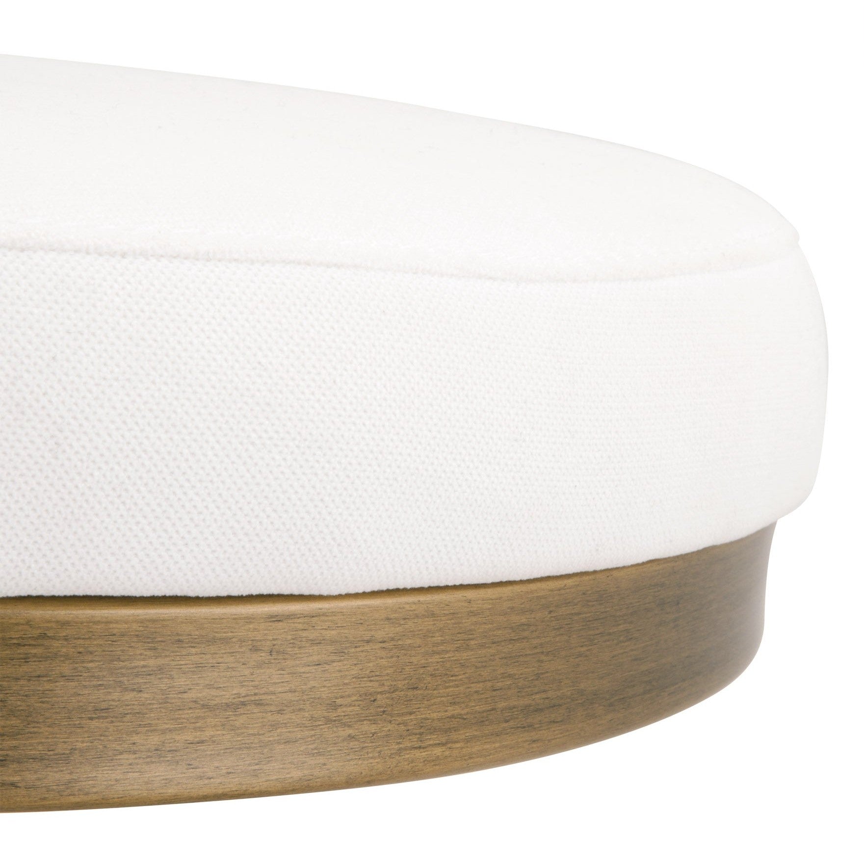 Close-up of Cresta Counter Stool seat upholstered in white Livesmart Peyton Pearl fabric with wooden base trim detail