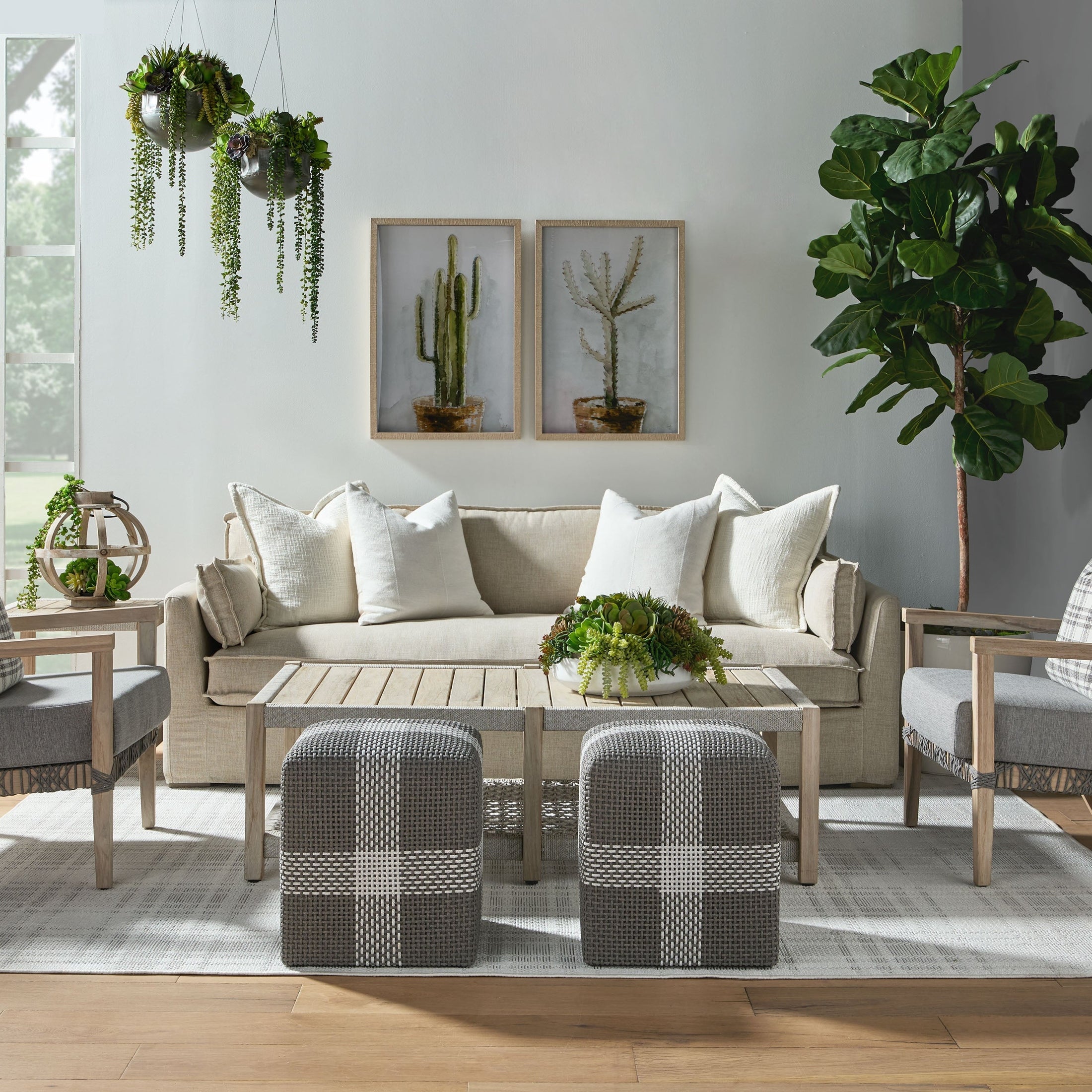 Essentials for Living Cross Accent Cubes with taupe and white rope weave paired with neutral modern living room decor