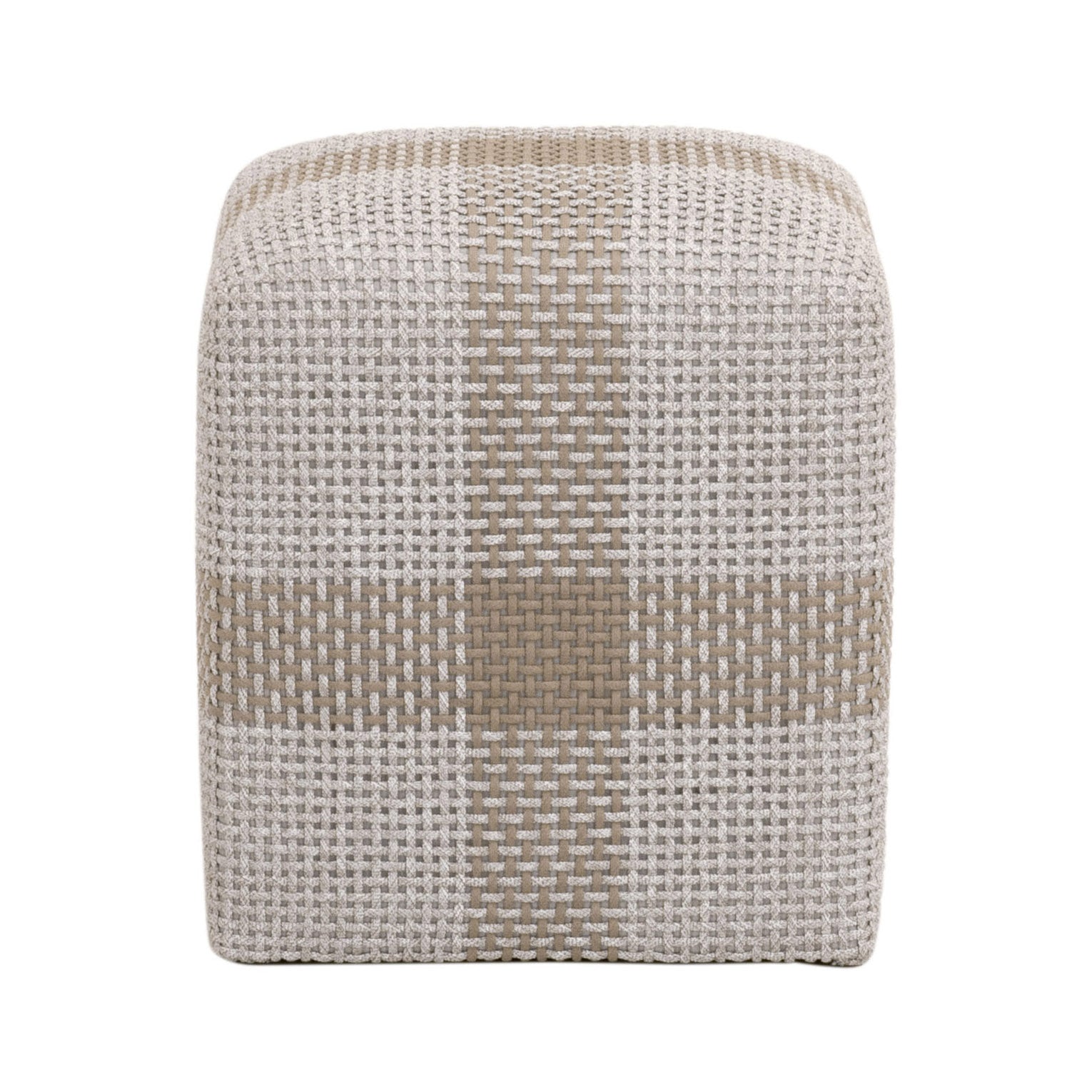 Compact Cross Accent Cube by Essentials for Living with taupe and white woven design on teak frame