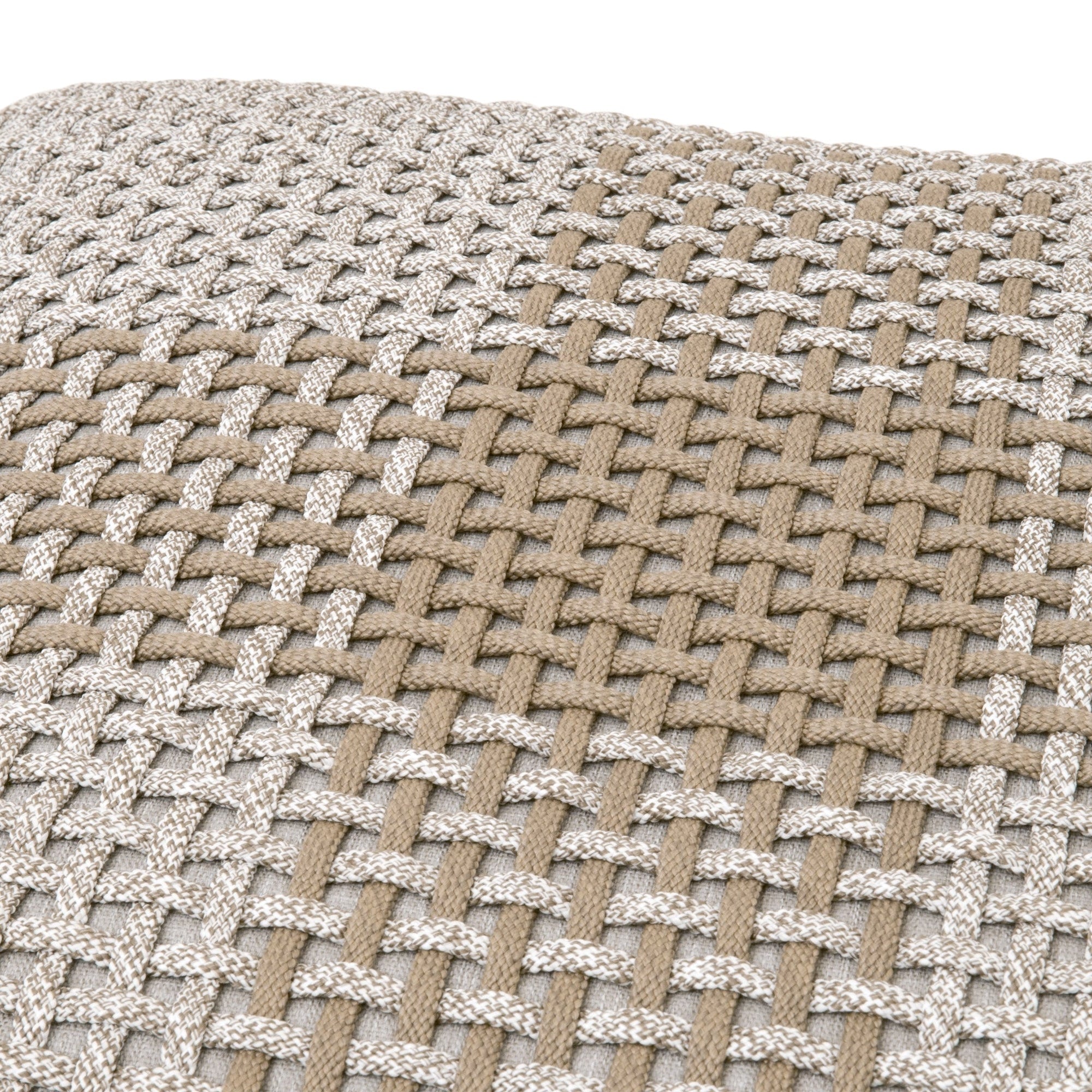 Close-up of taupe and white handwoven rope weave with a taupe cross pattern on Essentials for Living accent cube