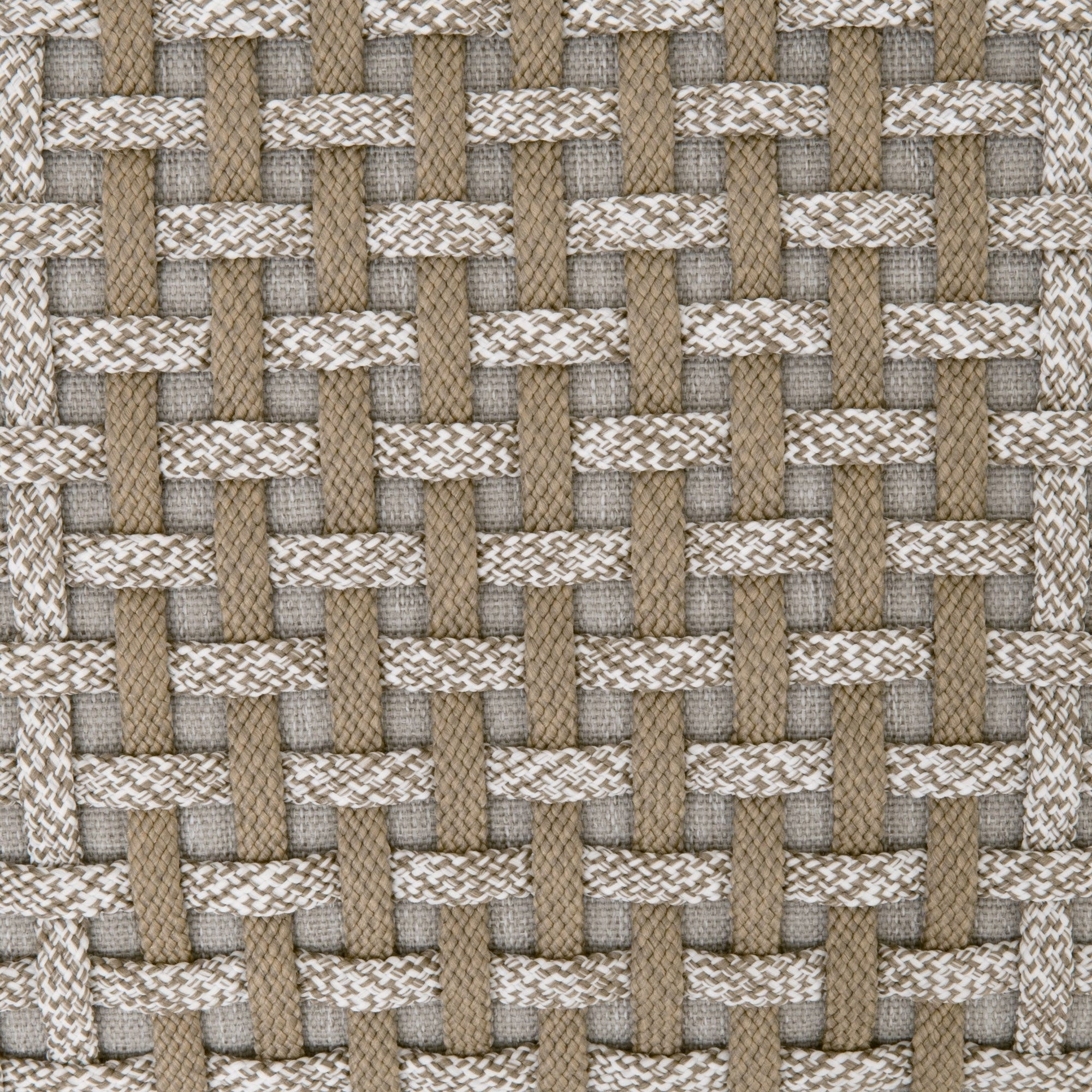 Close-up of intricate taupe and white rope weave with taupe cross pattern on teak wood frame by Essentials for Living