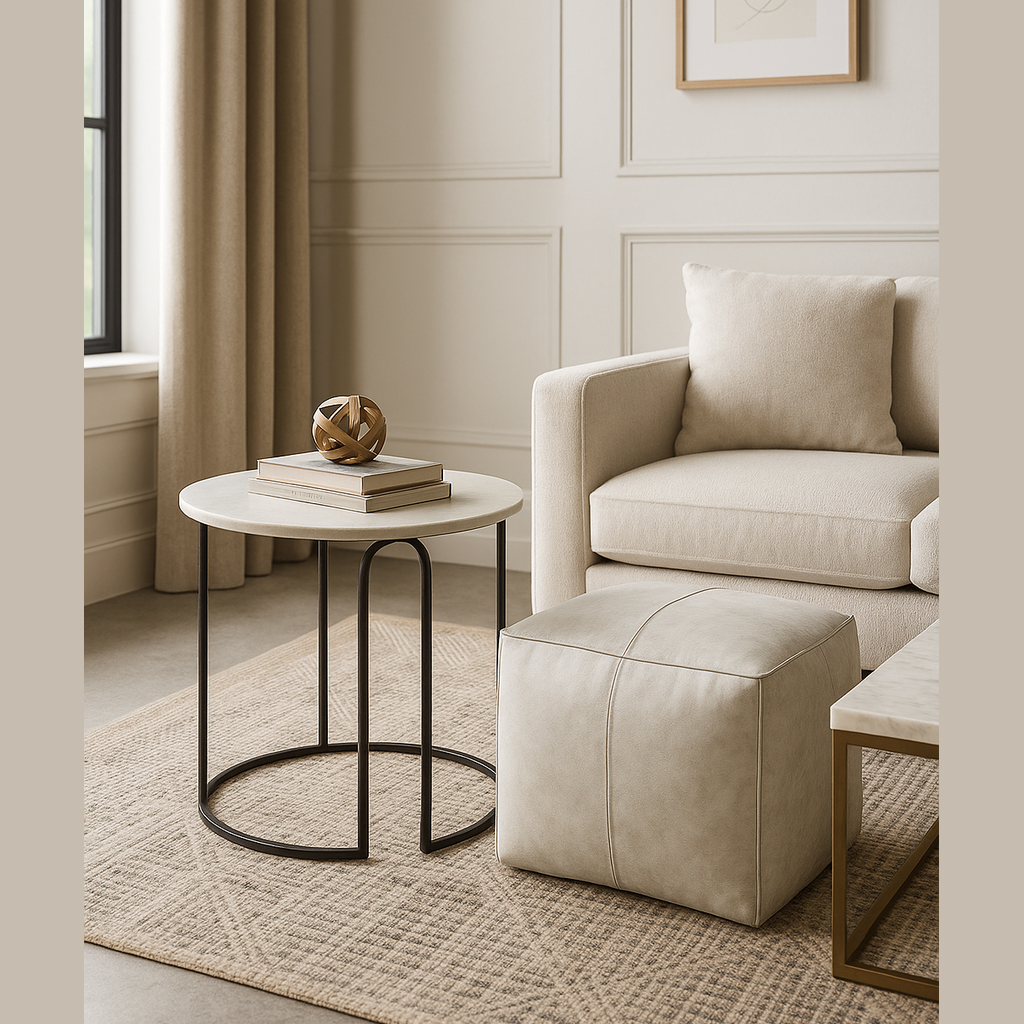 Darien Side Table with white marble top and black iron base in modern living room setting by GO HOME