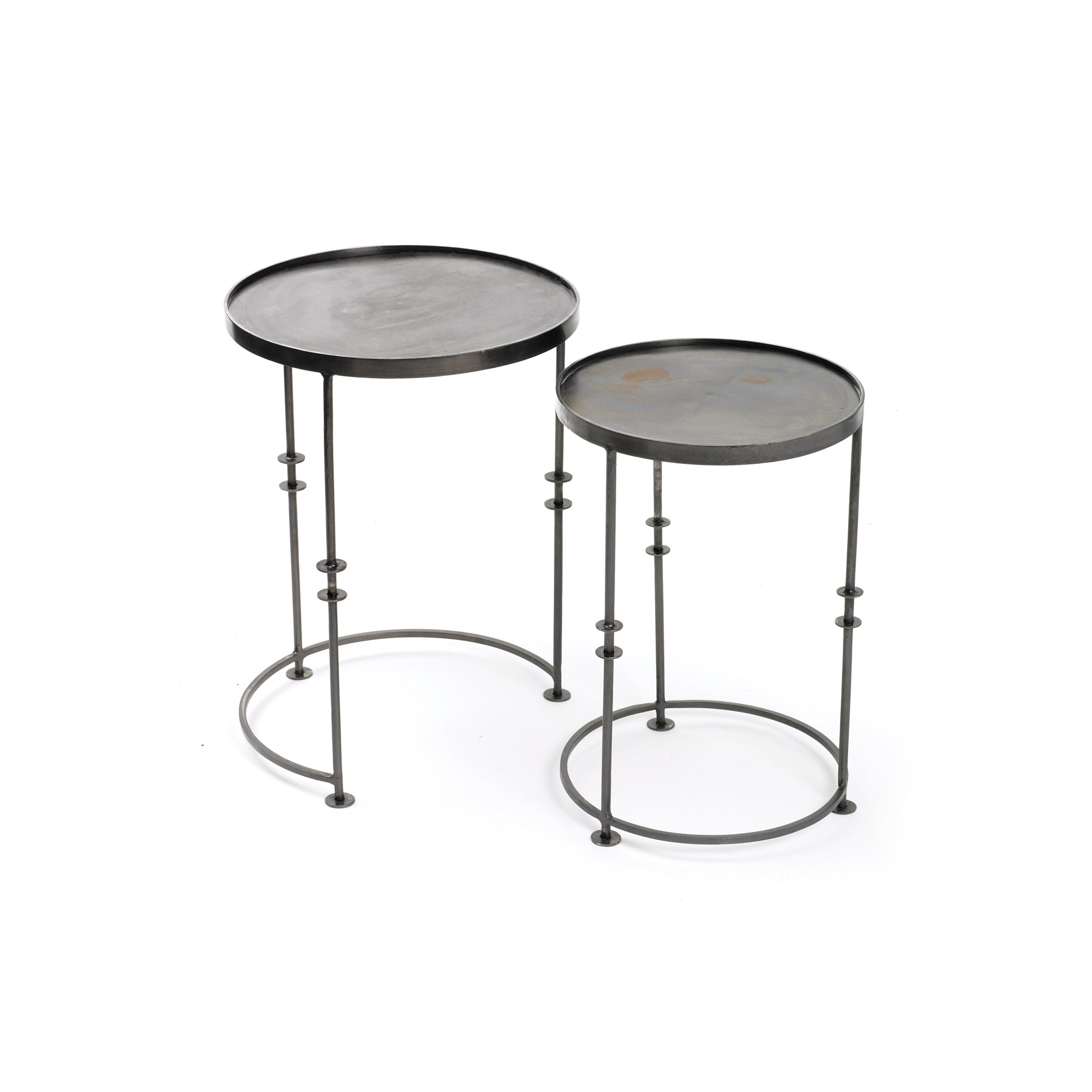 Set of 2 nesting Disc Tables in dark grey iron with tray tops and slender legs by GO HOME