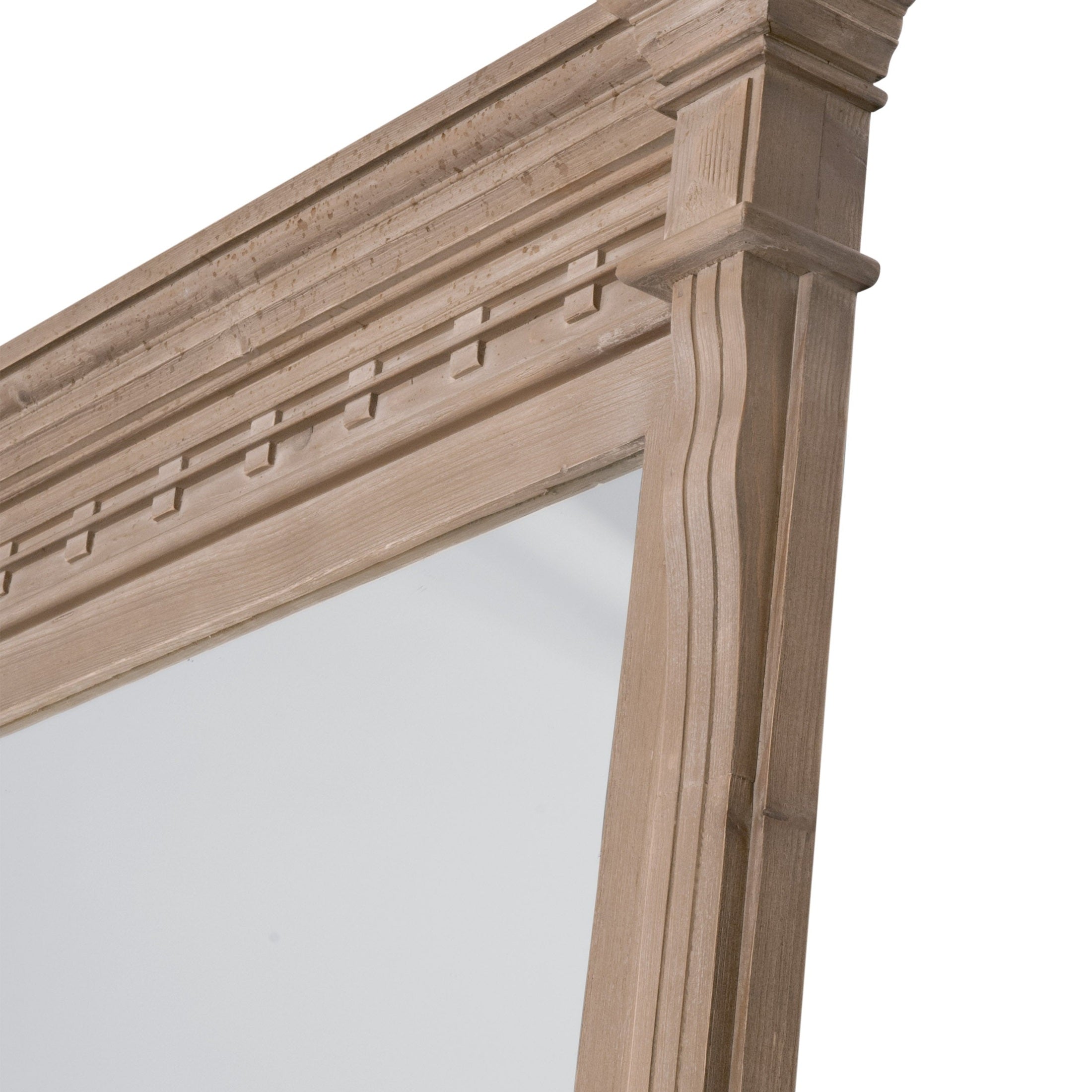 Close-up of the detailed smoke gray reclaimed pine frame of the Estate Mirror by Essentials for Living
