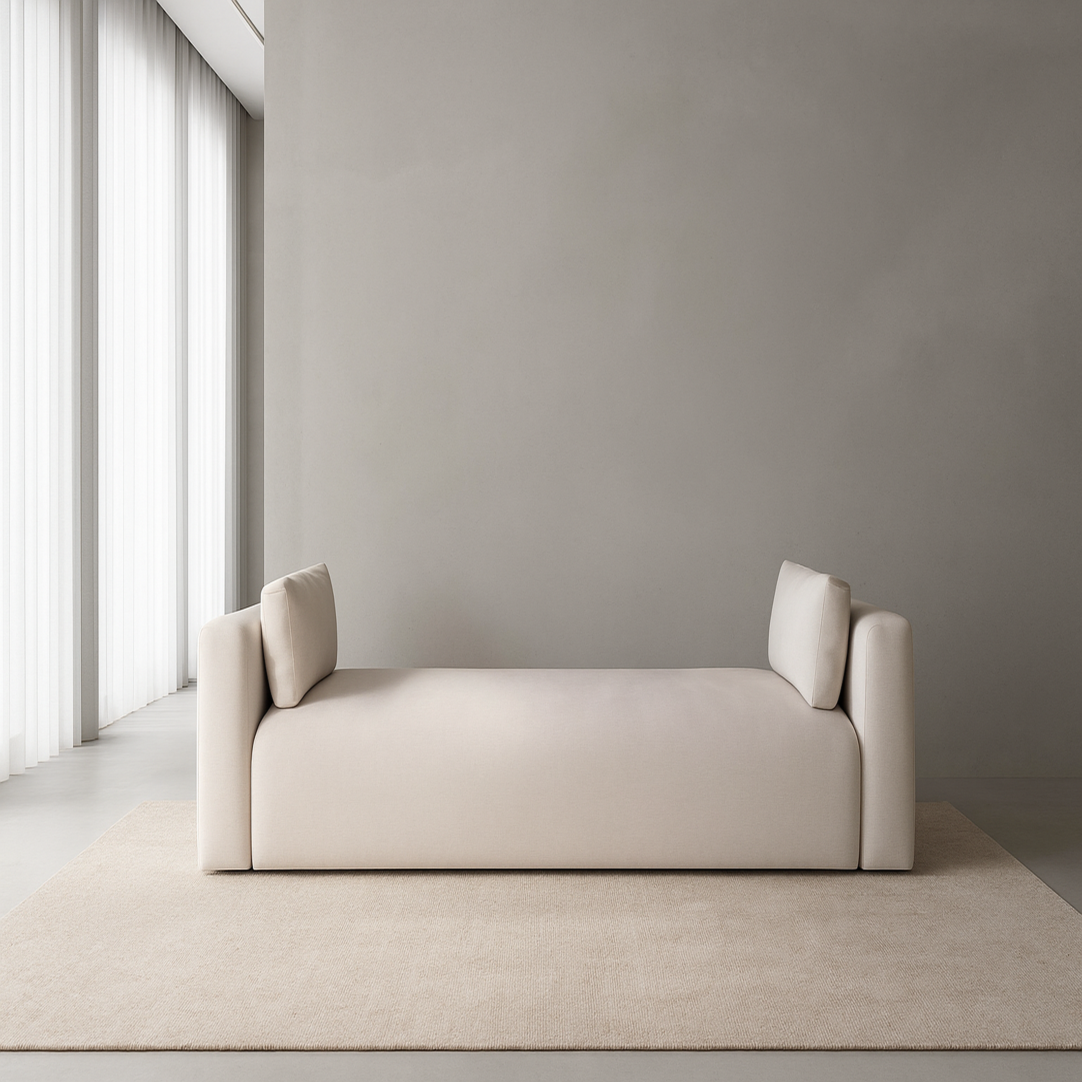 Modern beige Fredie Chair with sculptural silhouette and custom upholstery in minimalist room by GO HOME