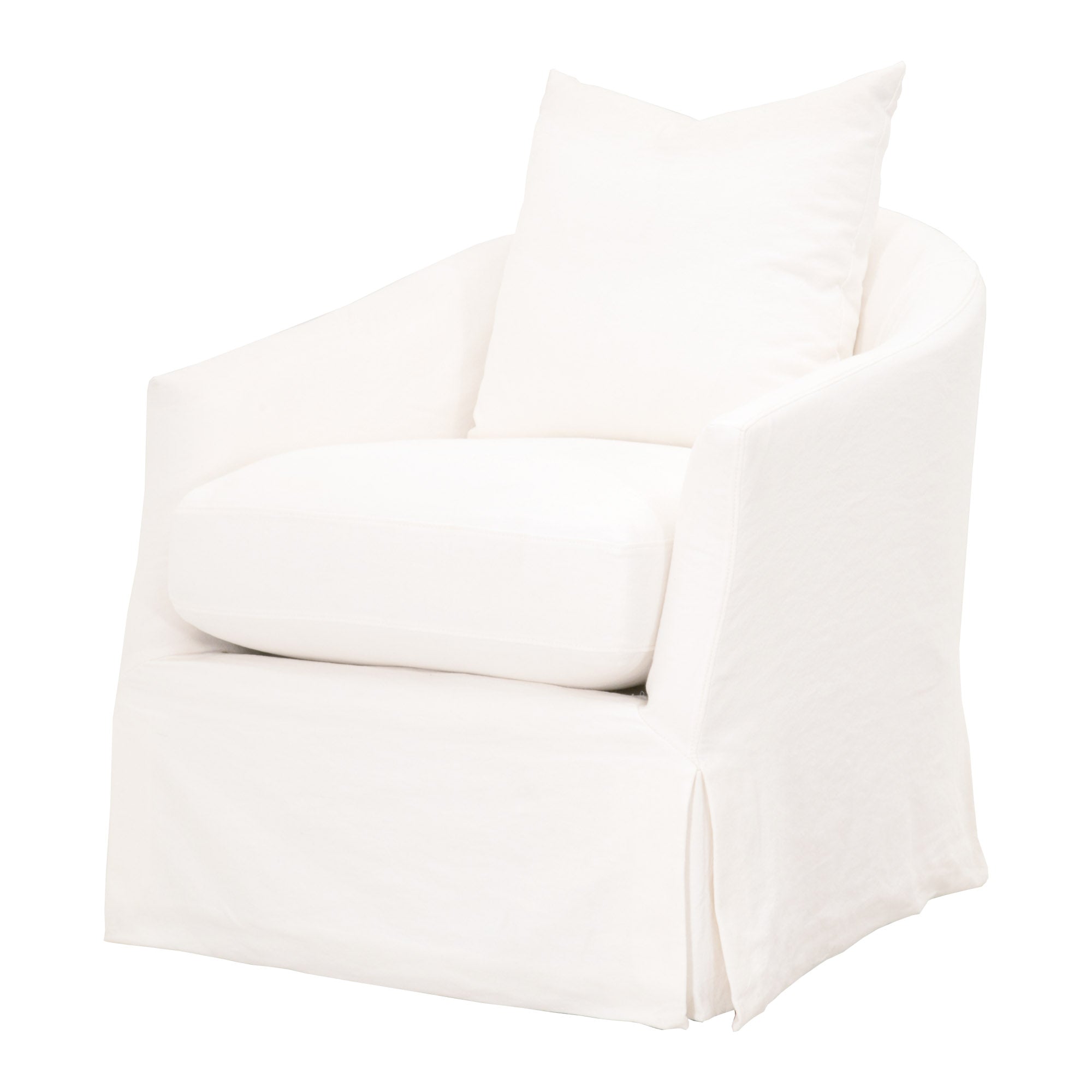 Essentials for Living Faye Slipcover Swivel Club Chair in soft crème crepe cotton linen with reversible cushion and pillow