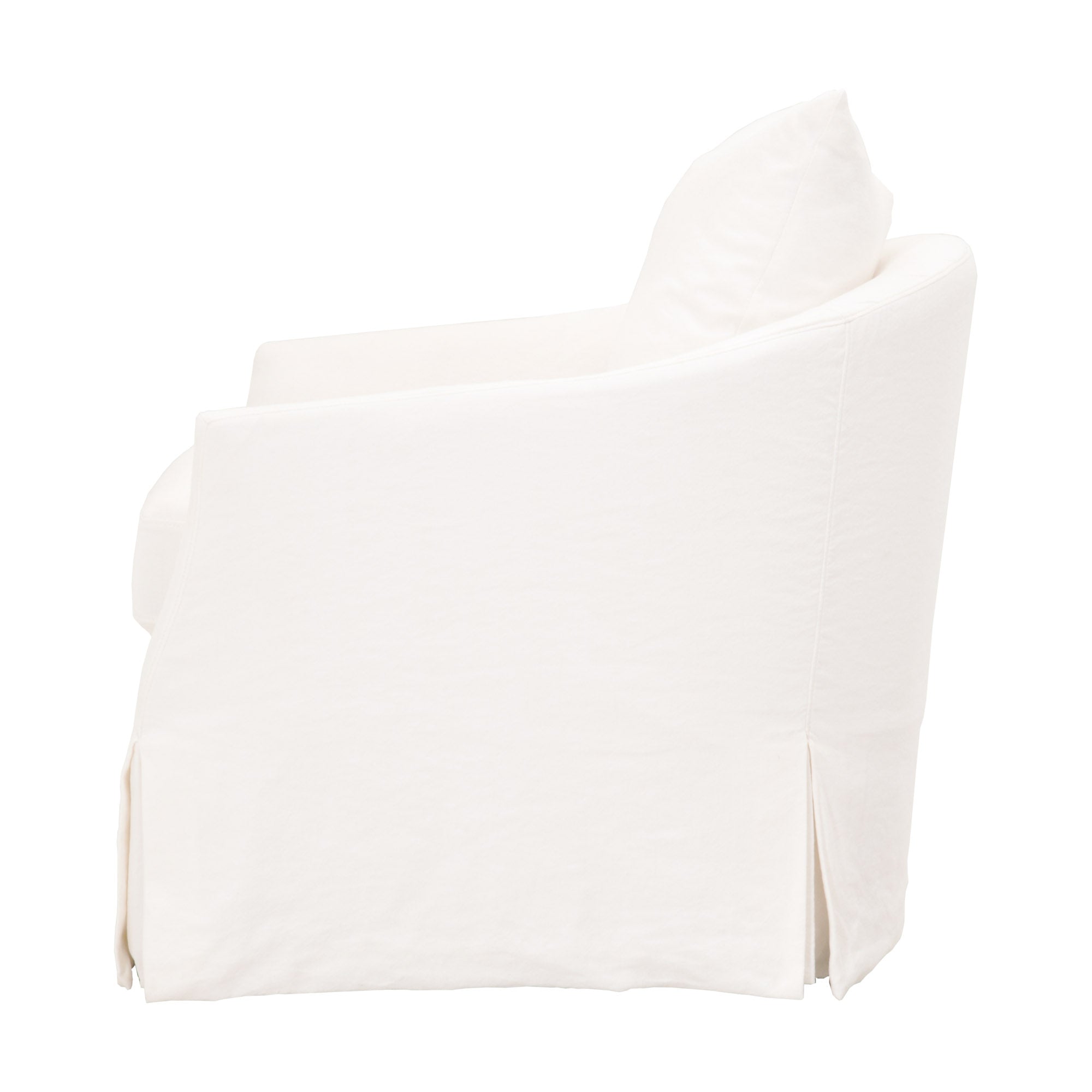 Side view of a creamy white slipcover swivel club chair with plush cushions and relaxed fit slipcover design