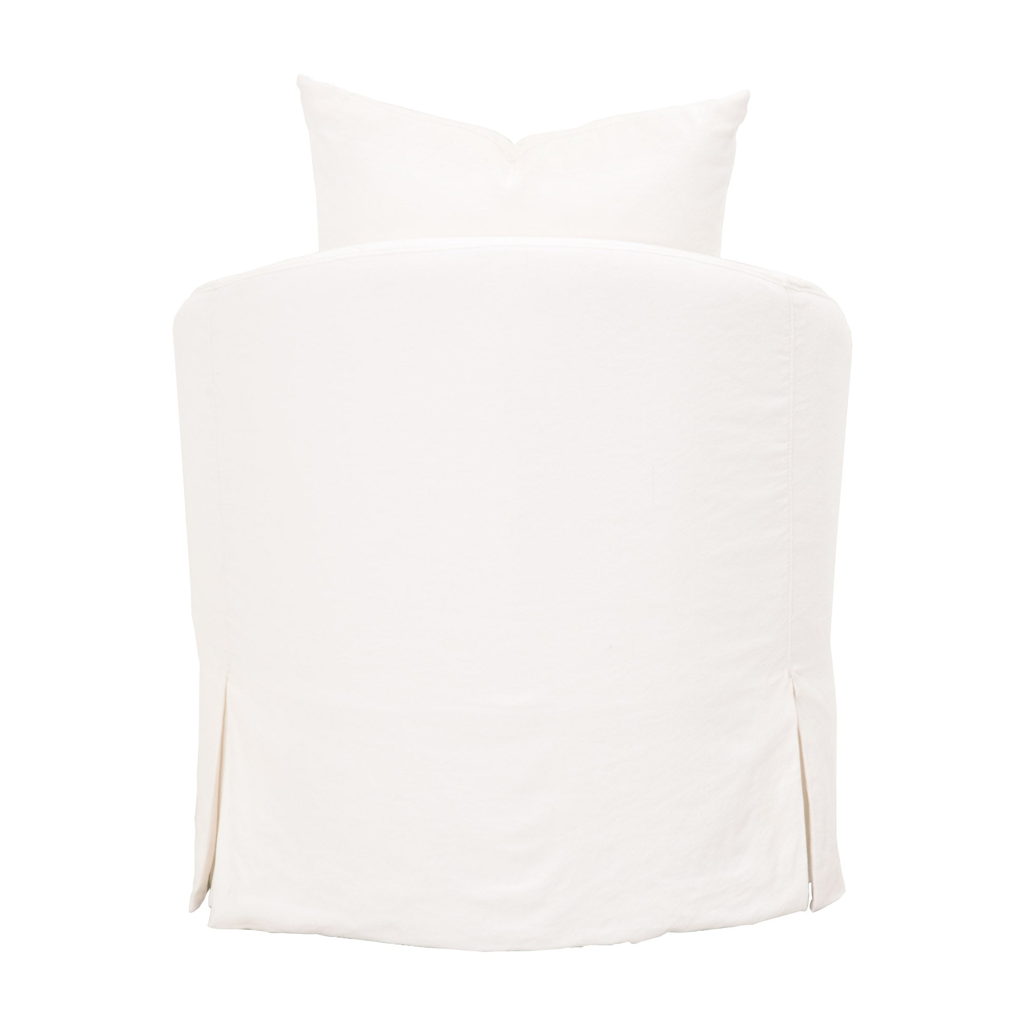 Rear view of the Essentials for Living Faye Slipcover Swivel Club Chair in Crème Crepe fabric with matching throw pillow.