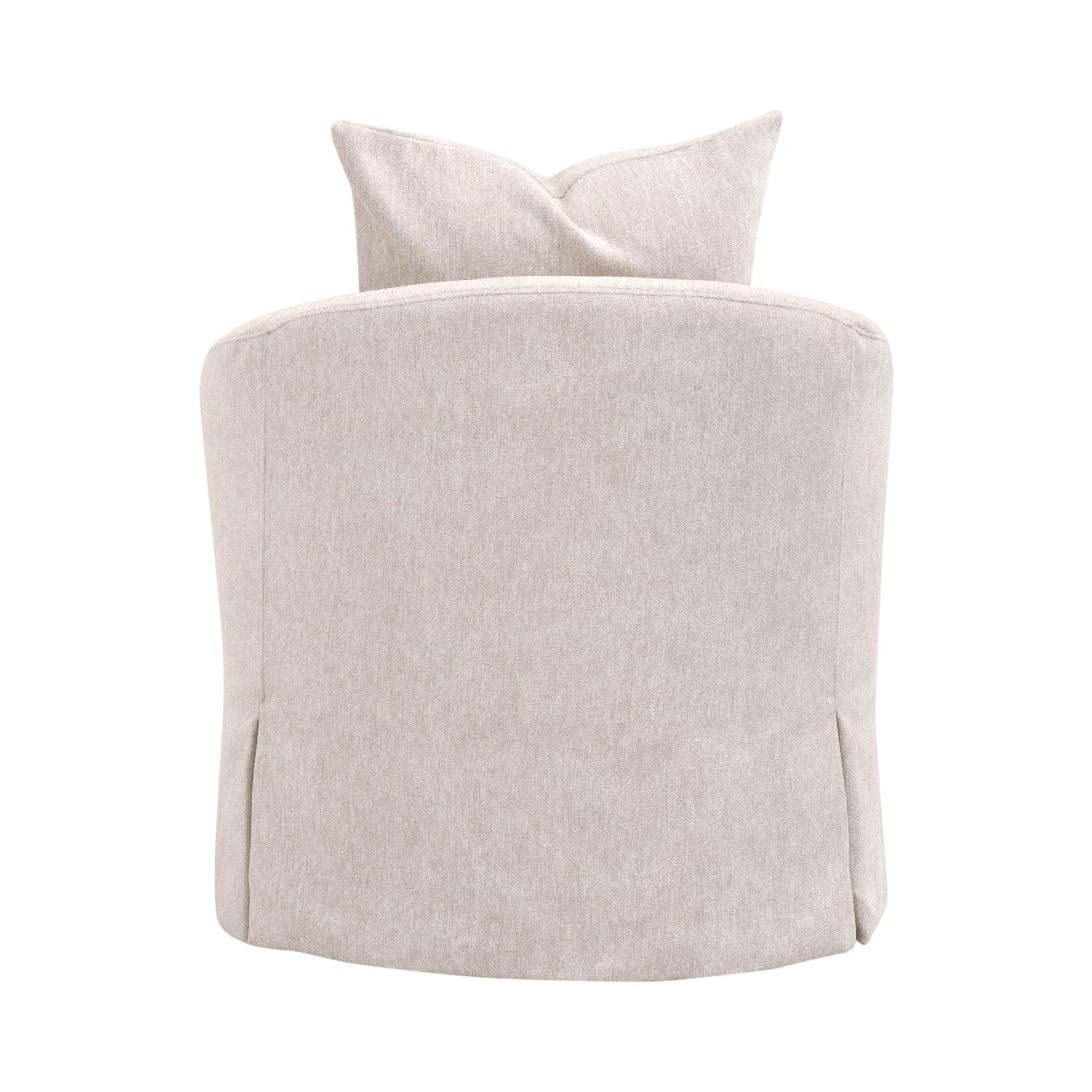 Back view of Essentials for Living Faye Slipcover Swivel Club Chair in soft crème fabric with matching pillow