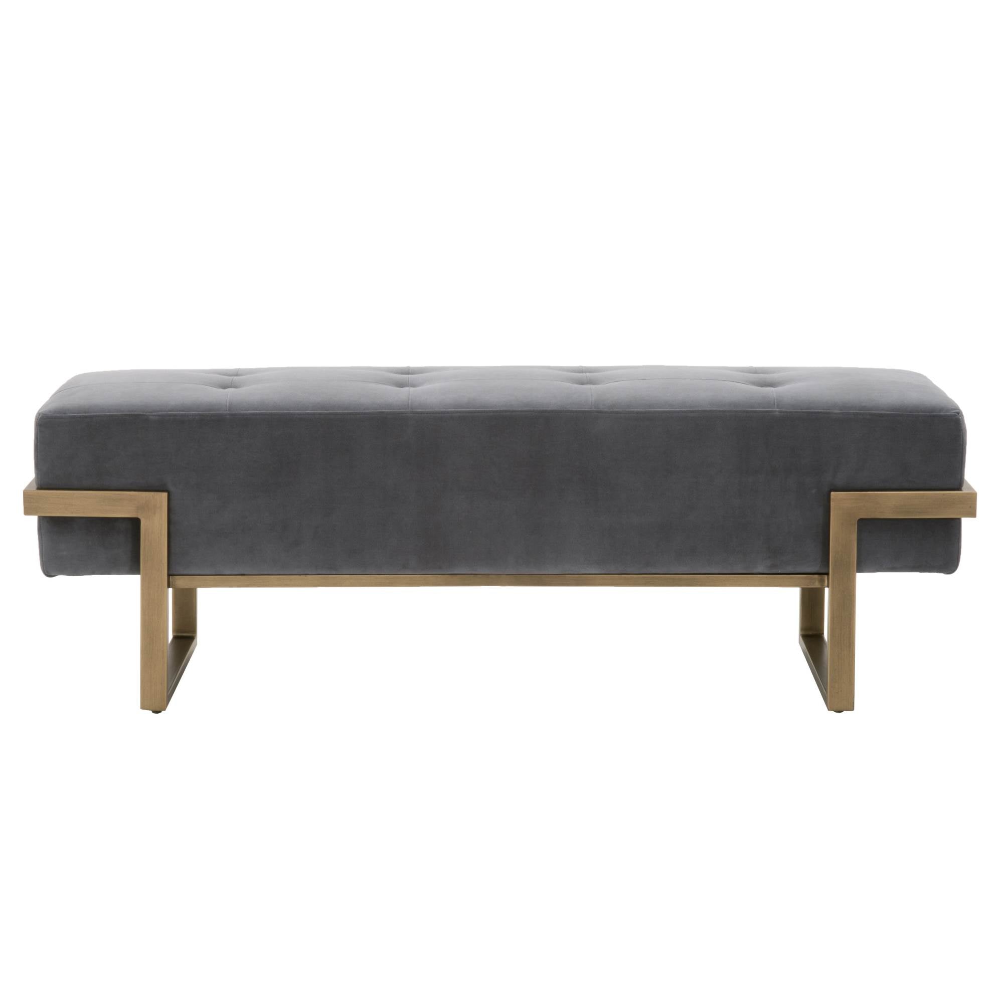 Fiona Upholstered Bench in gray velvet with brass base, mid-century modern design by Essentials For Living