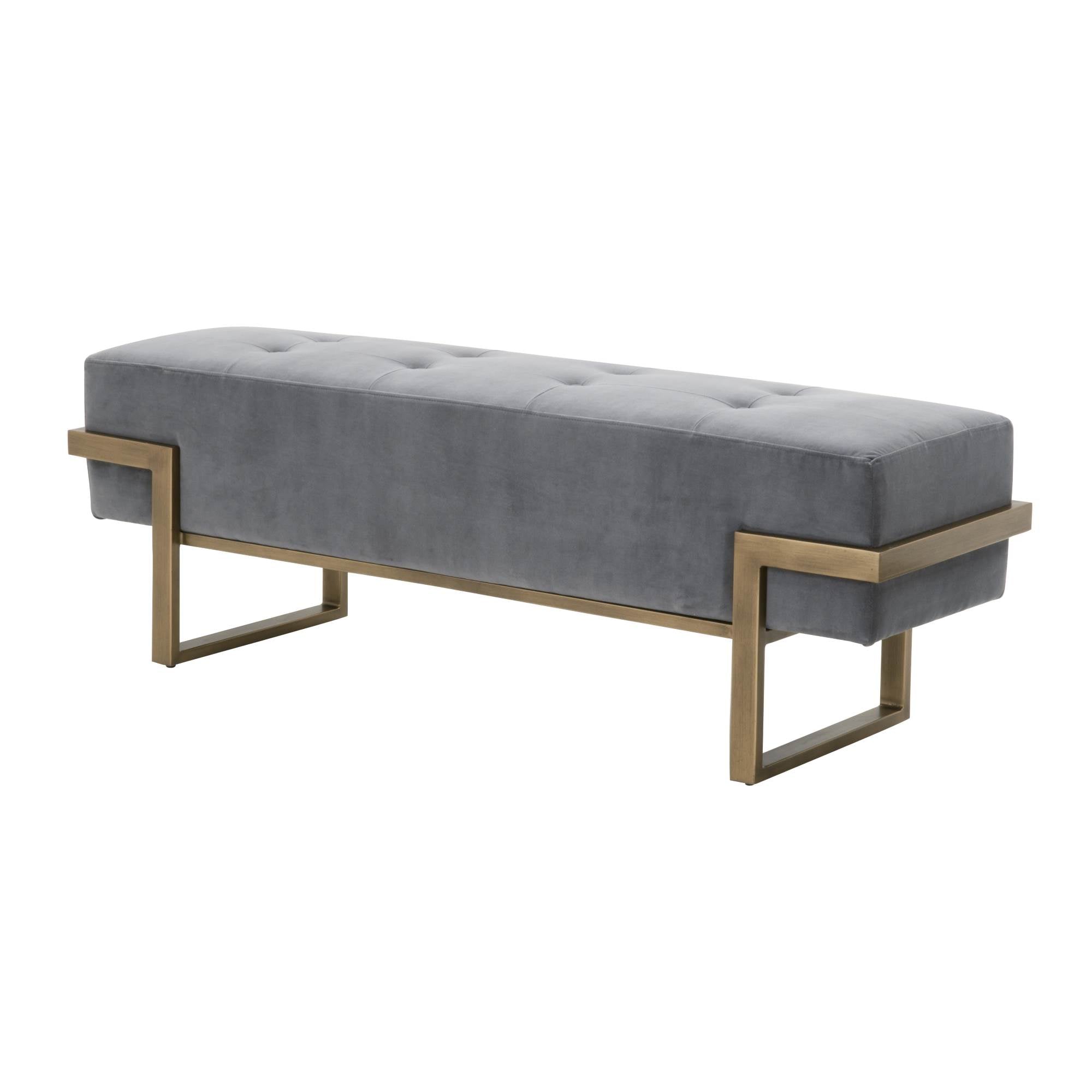 Fiona Upholstered Bench in gray velvet with button tufting and brass base, modern bench by Essentials for Living