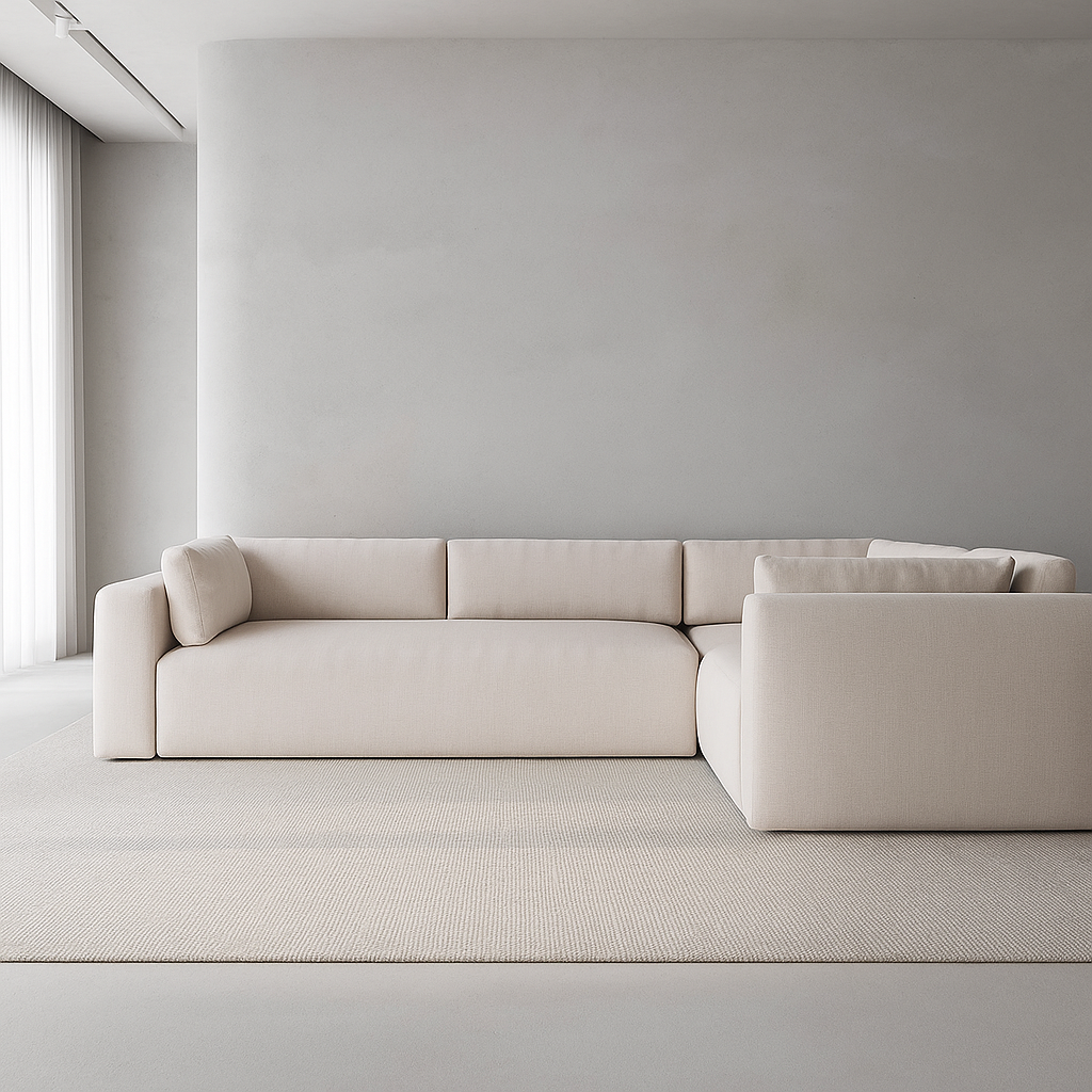 Minimalist beige Fredie Sectional with clean angles and deep seating in a modern living space by GO HOME