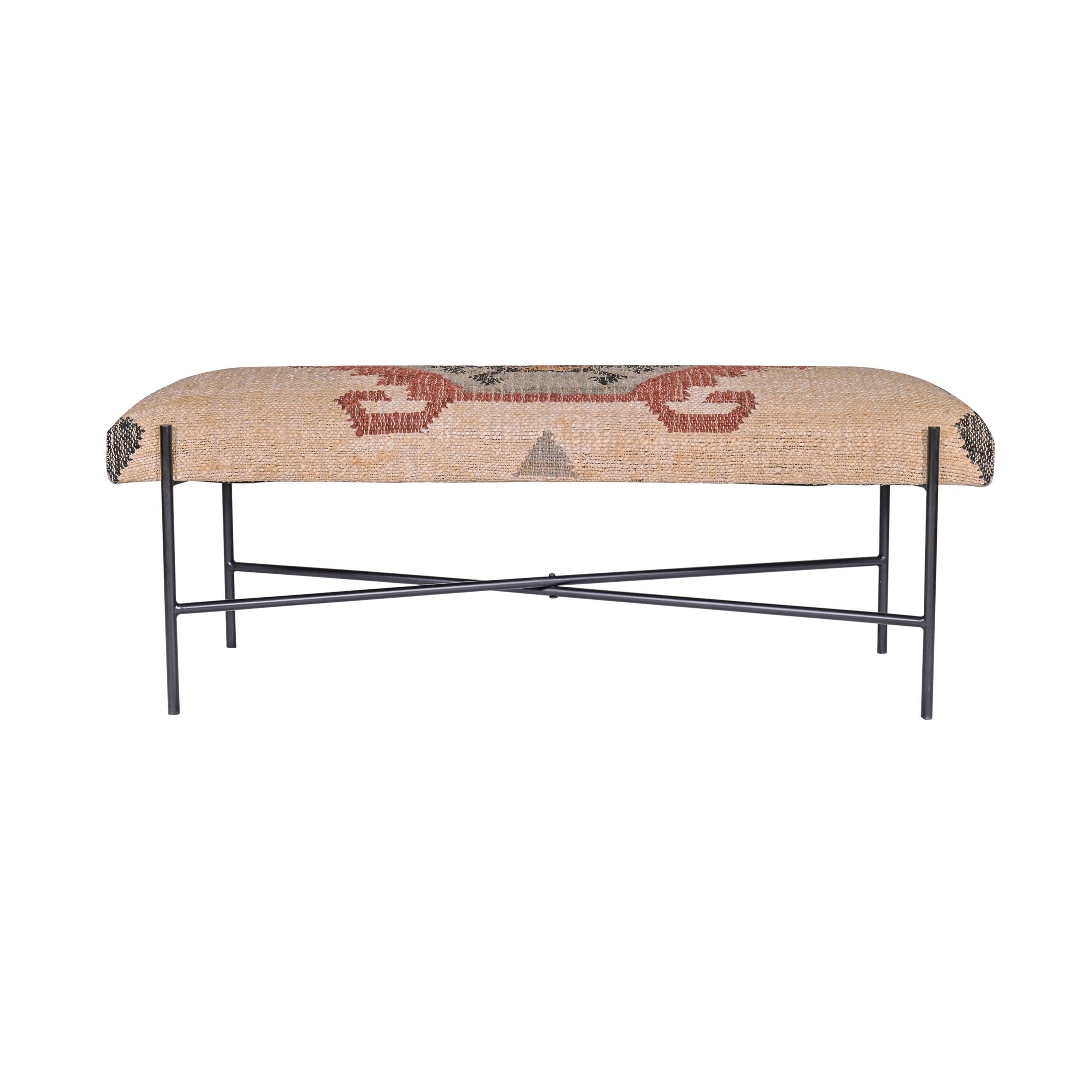 Multicolor Southwestern woven bench with black iron X-base, 47x16 inches, handcrafted Goodie Bench by GO HOME