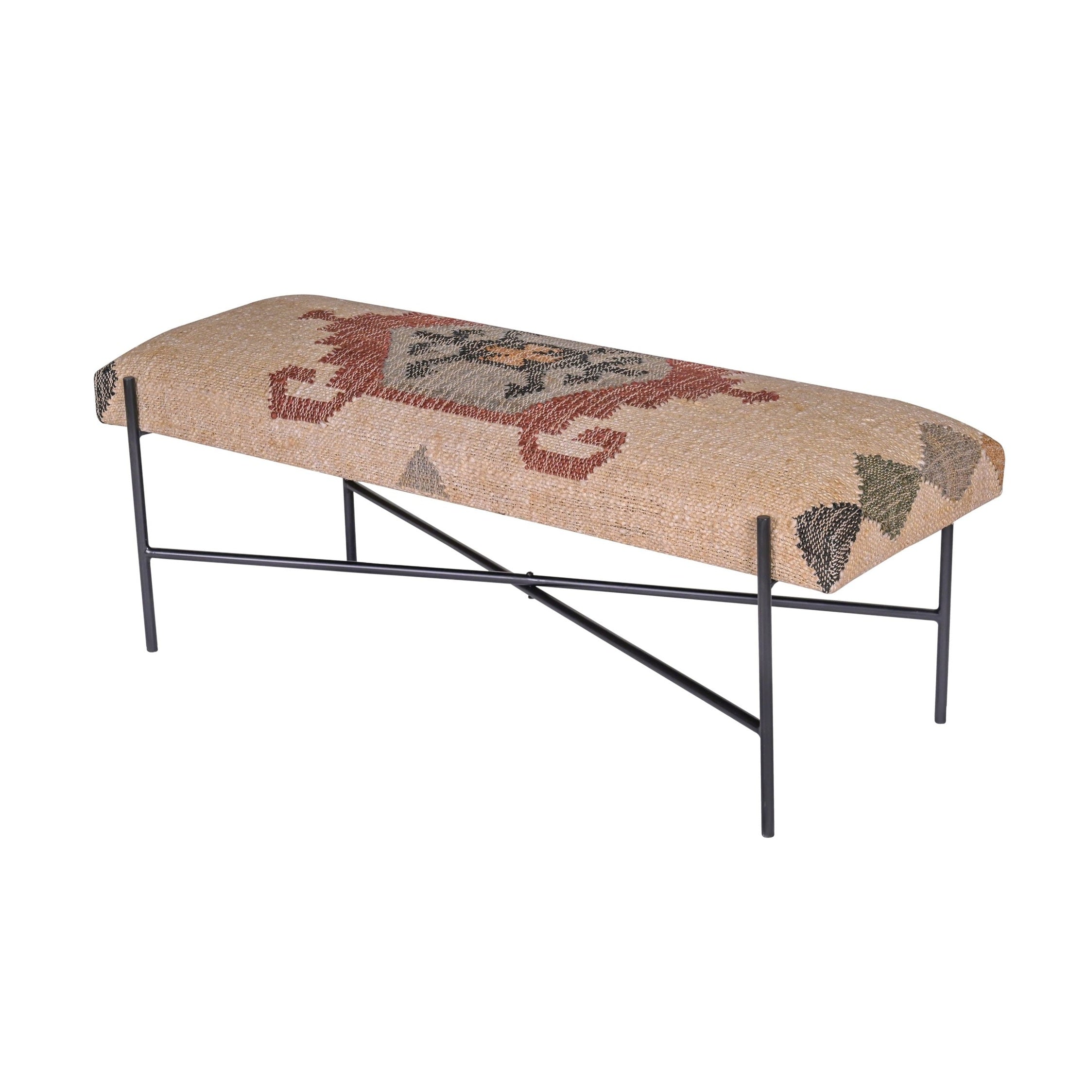 Multicolor woven Southwestern bench with black iron X-base, 47" L, 16" W, 18" H Goodie Bench by GO HOME
