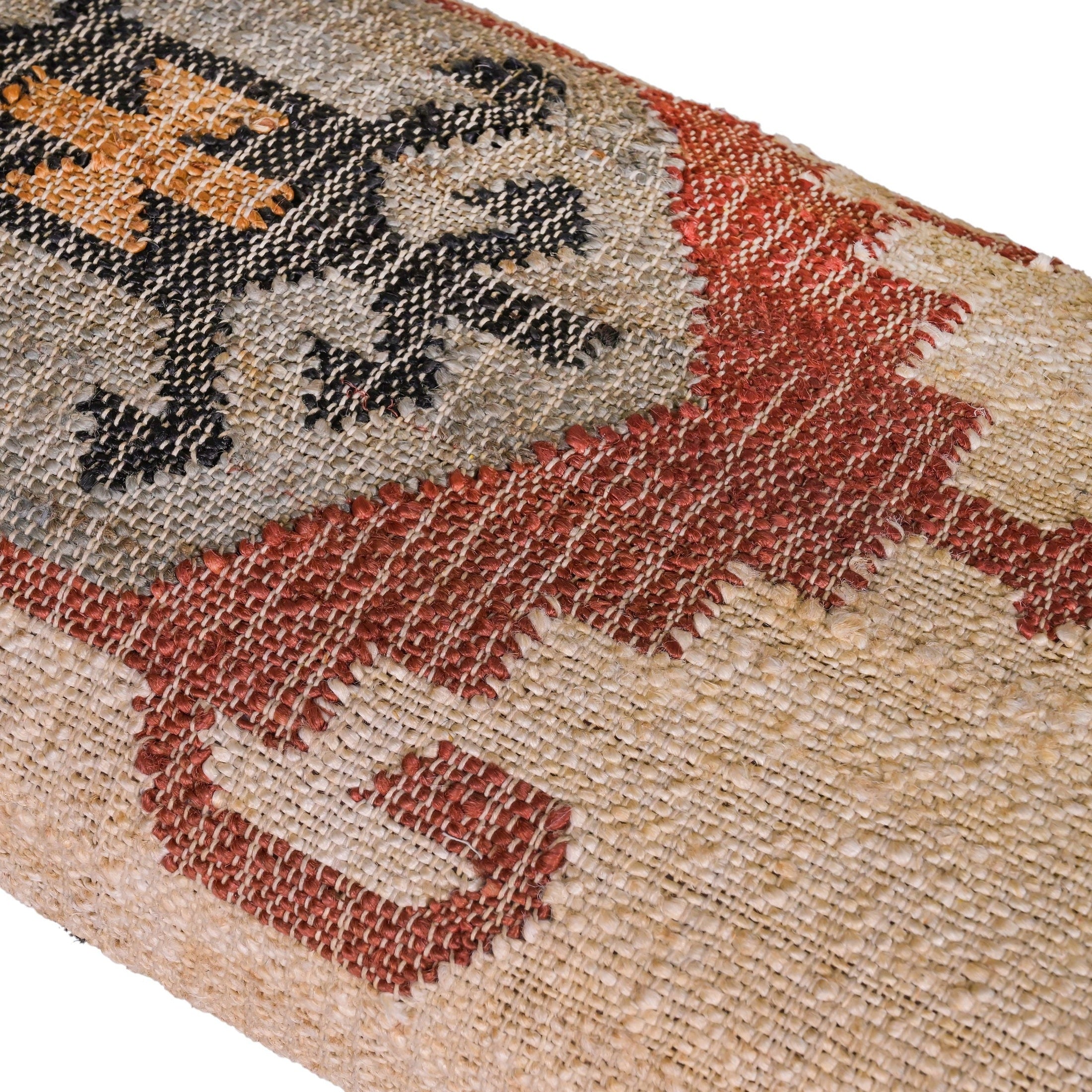 Close-up of handwoven multicolor Southwestern-pattern upholstery on GOODIE BENCH by GO HOME.