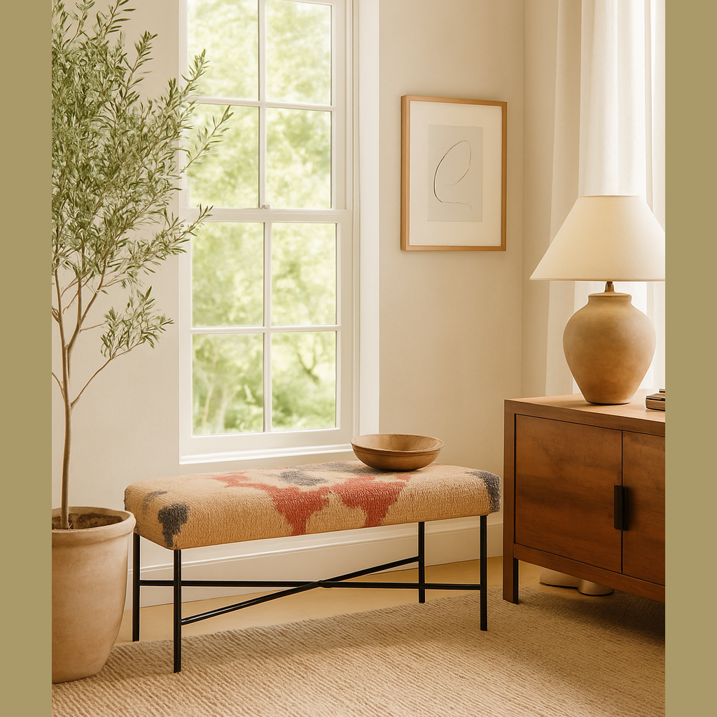 Multicolor woven Goodie Bench with black iron X-base in cozy room setting by GO HOME
