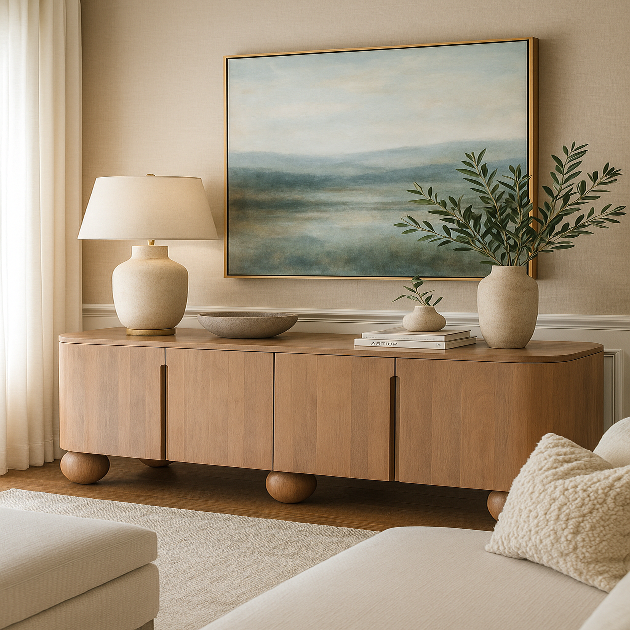 GRETCHEN SIDEBOARD in solid mango wood with natural finish, decorative lamp and art, elegant storage GO HOME
