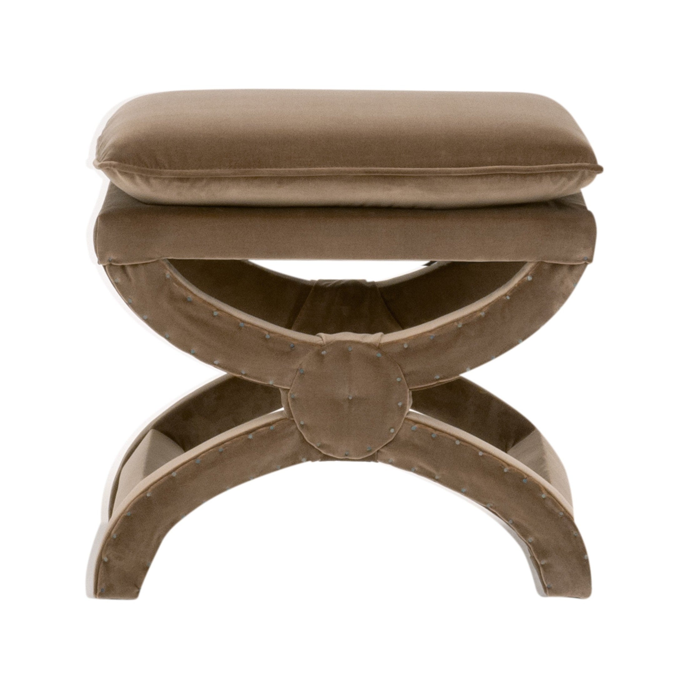 Essentials for Living Gaston Ottoman with plush cushioned seat and decorative nailhead trim in beige velvet fabric