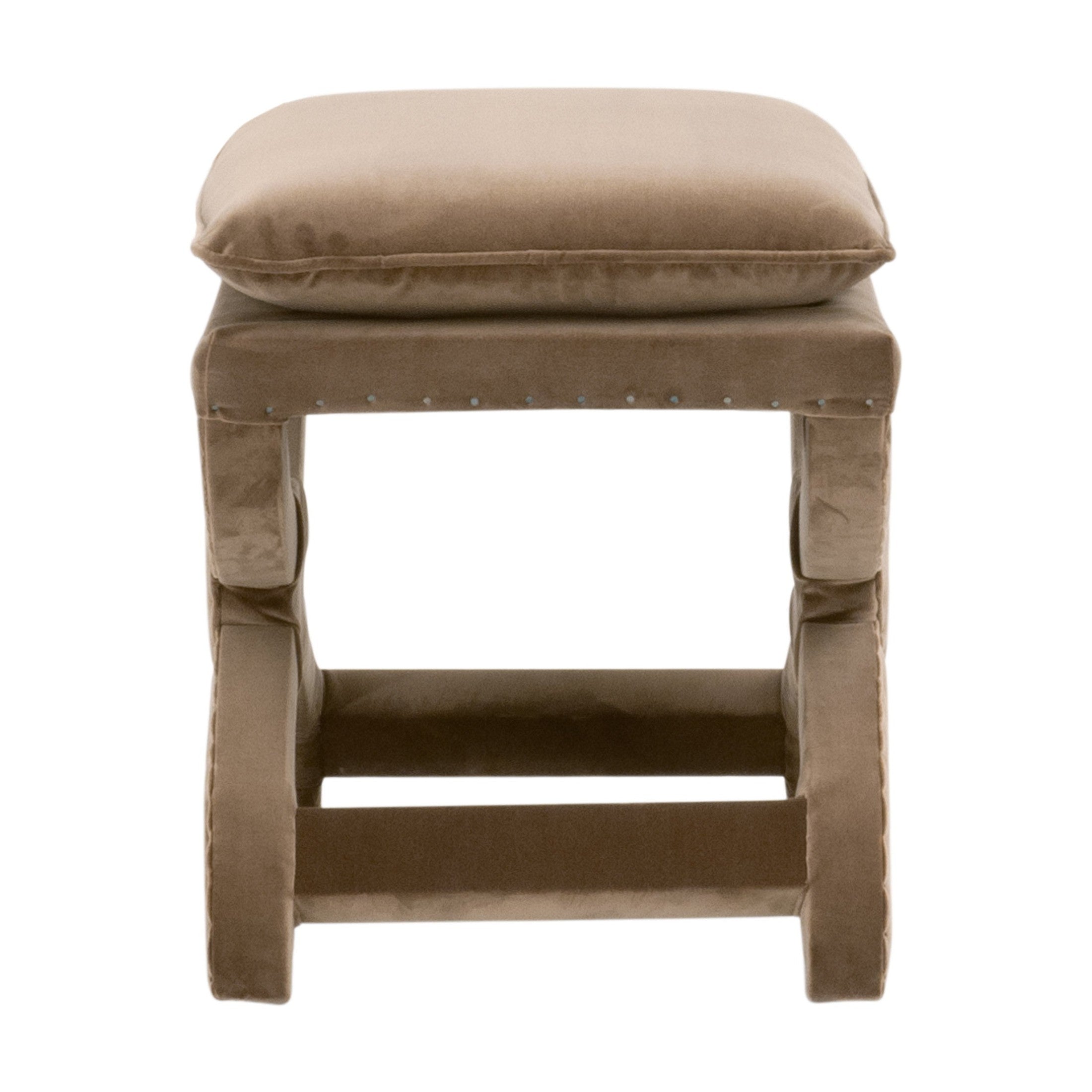 Gaston Ottoman in creamy beige linen blend with pillow-top cushion and black nailhead trim by Essentials For Living