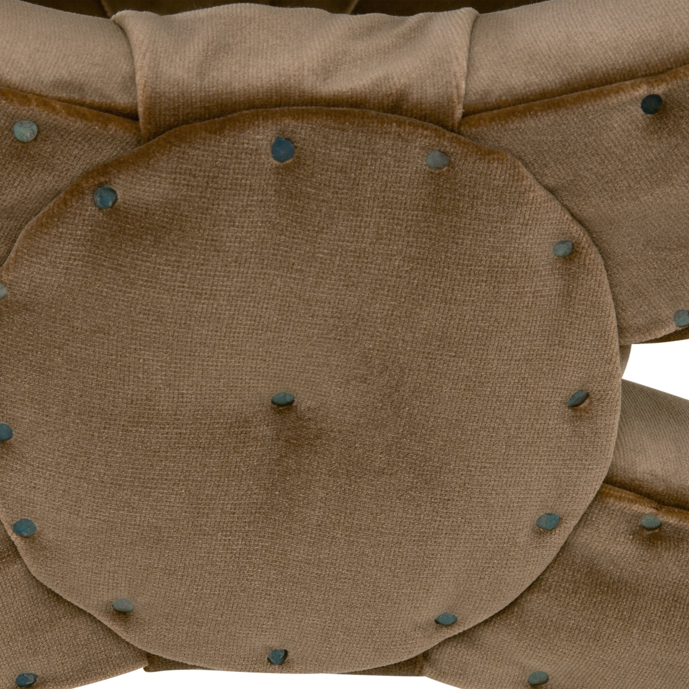 Top view of creamy beige linen blend Gaston Ottoman with black nailhead trim and tufted cushion by Essentials For Living