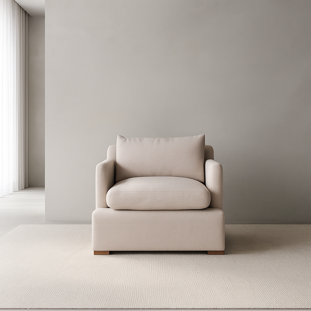 Ghost Chair in custom upholstery with teakwood legs, sculptural and modern lounge piece by GO HOME.