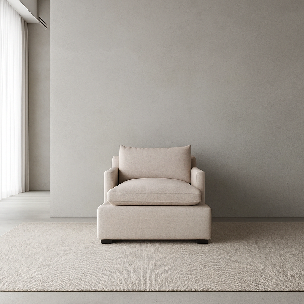Minimalist beige Ghost Chaise with custom upholstery and teakwood legs in a modern room by GO HOME