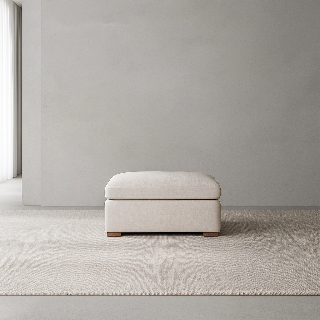 Minimalist Ghost Ottoman upholstered in polyester with teakwood legs, versatile design for modern living by GO HOME.