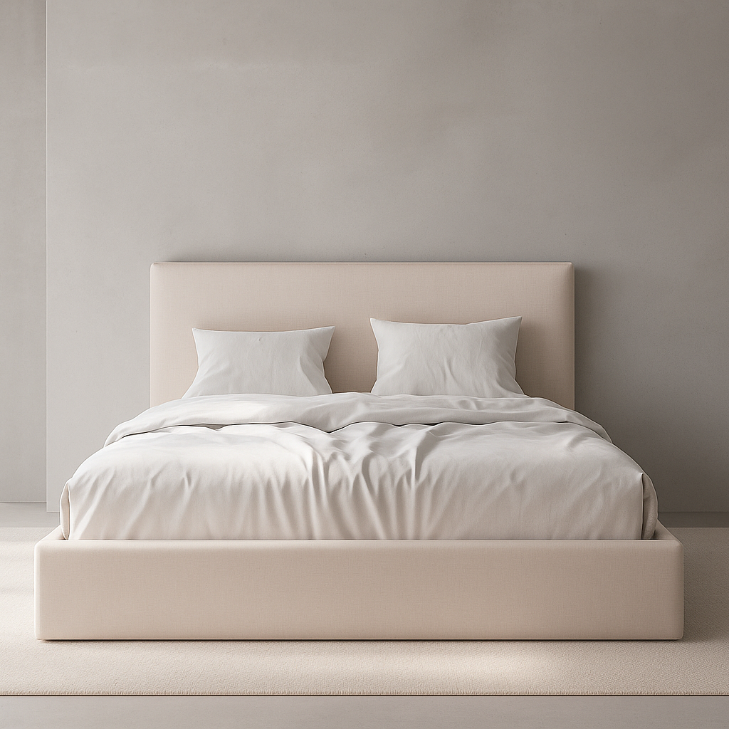 Minimalist Ghost Bed Queen with upholstered frame and soft neutral bedding in serene bedroom by GO HOME