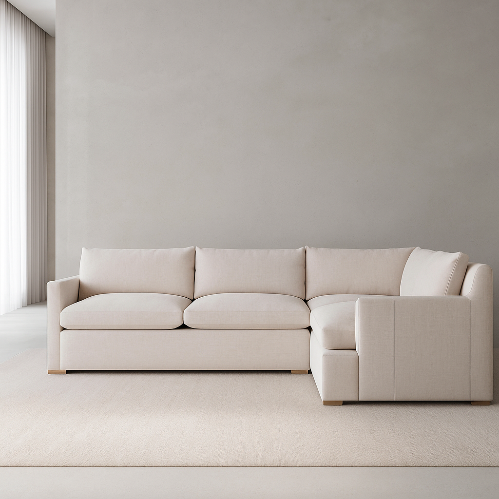 Ghost Sectional with custom upholstery and teakwood legs in minimal living space by GO HOME
