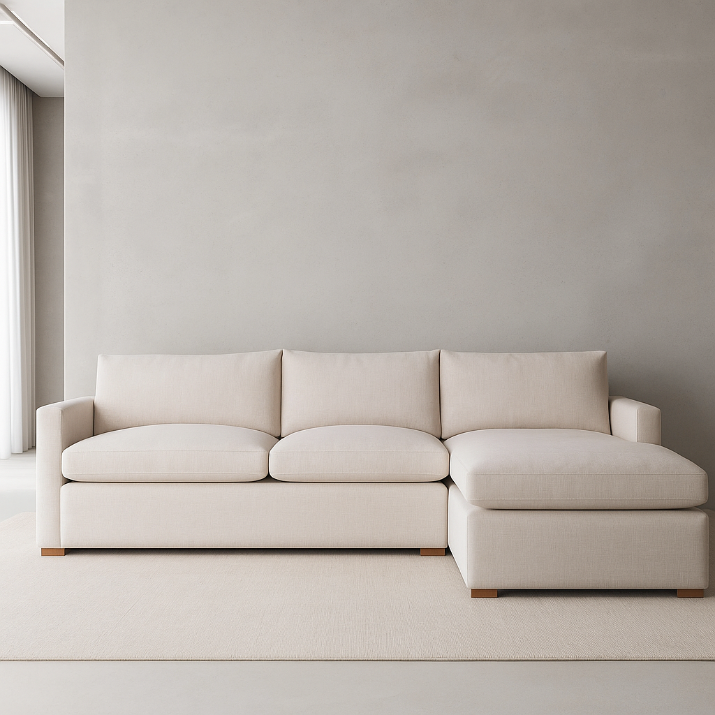 Minimalist beige Ghost Sectional Chaise with teakwood legs in a modern living room by GO HOME