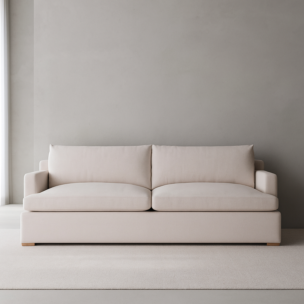 Ultra-low profile Ghost Sofa with custom polyester upholstery and teakwood legs in minimalist setting by GO HOME