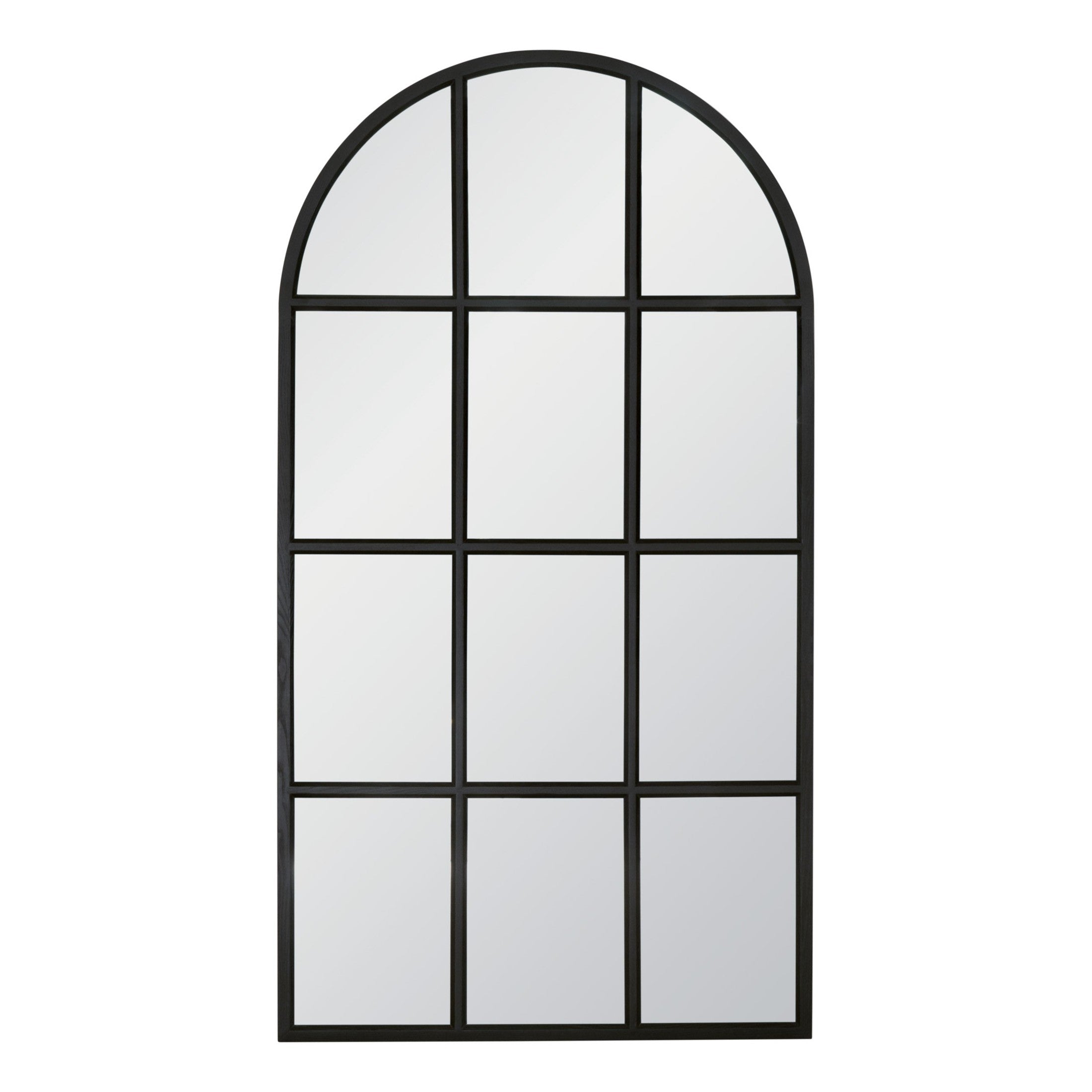 Large arched mirror with grid design and black frame, perfect for adding light and space to any room.