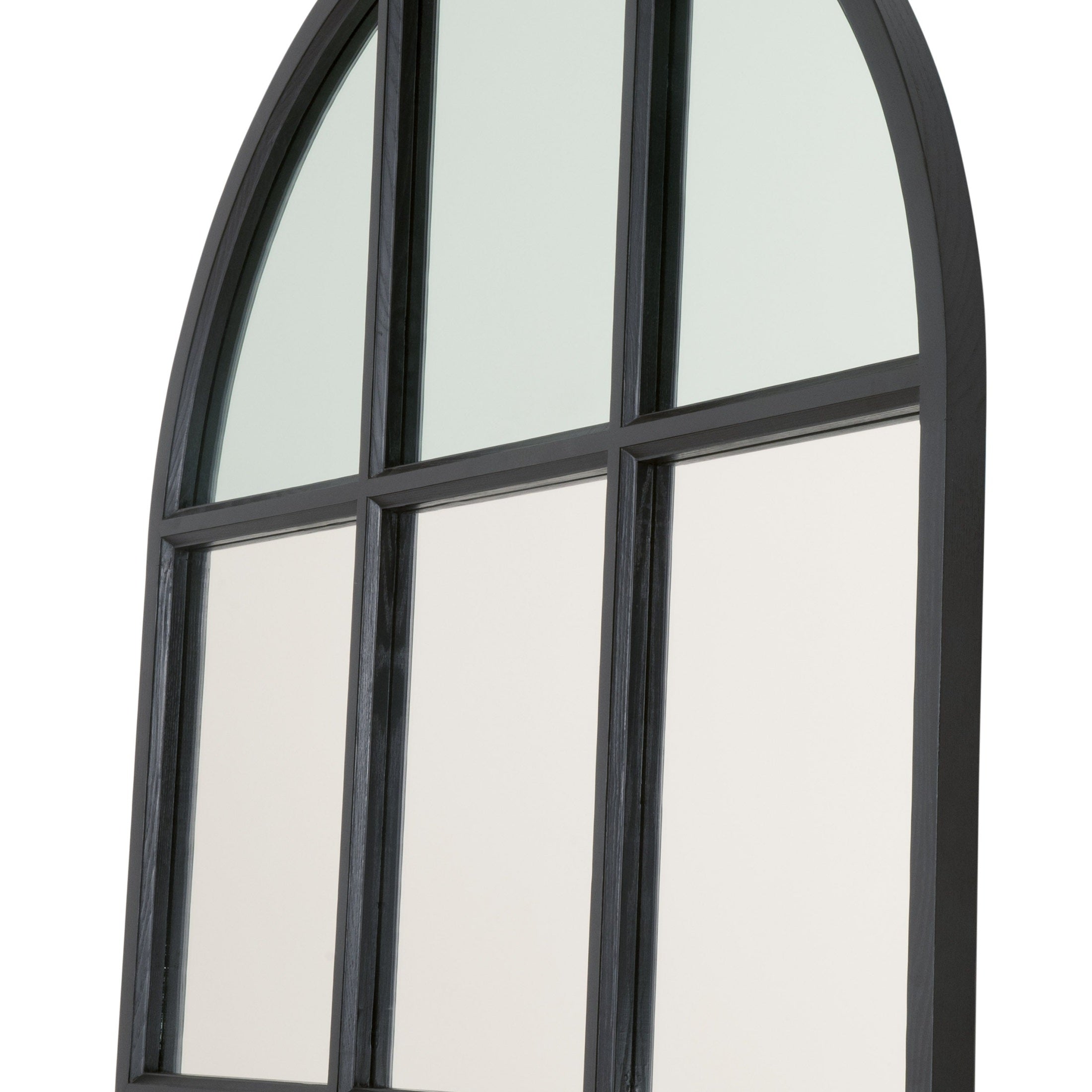 Large grid arched mirror with black frame featuring classic and modern design elements for elegant room decor