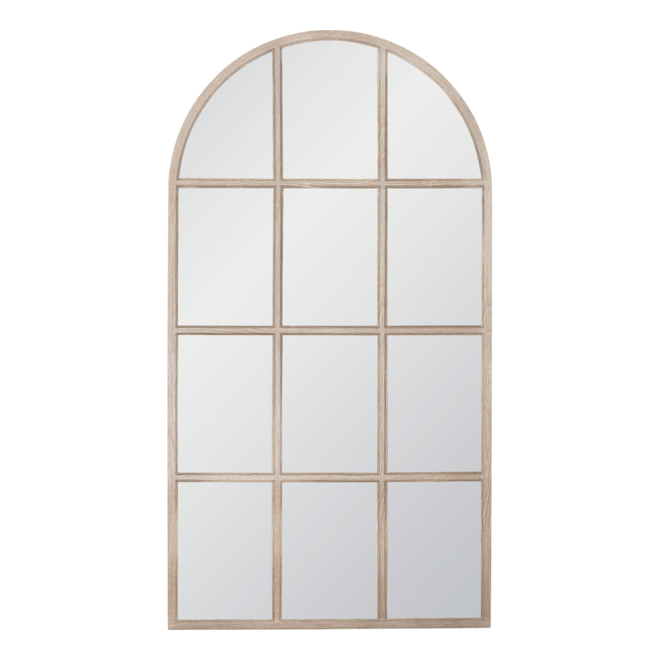 Oversized Grid Arched Mirror by Essentials For Living with natural gray oak frame and elegant wood edge detailing